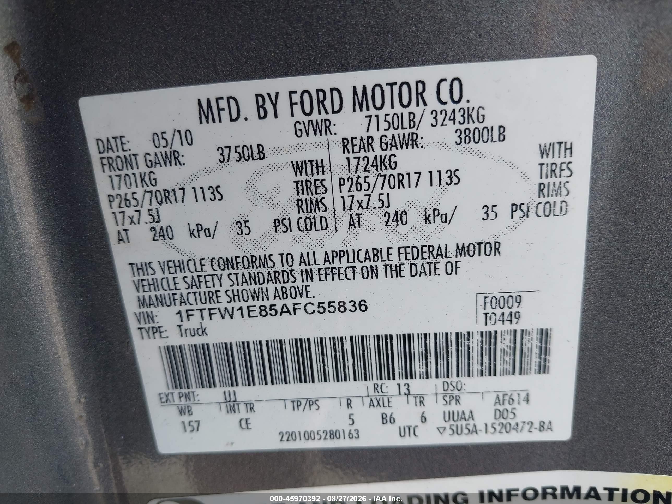 2010 Ford F-150 Xl Gray vin: 1FTFW1E85AFC55836