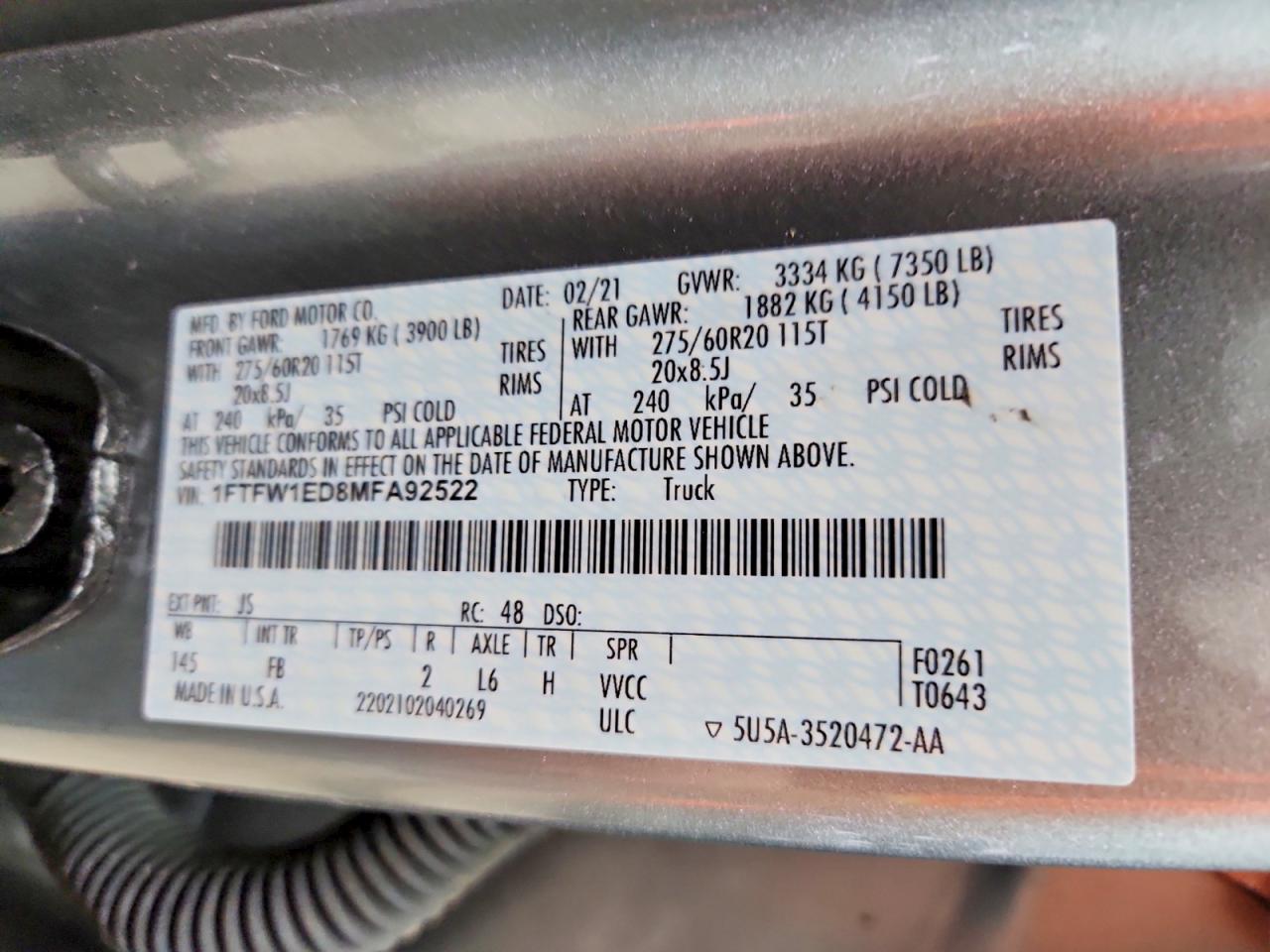 2021 Ford F150 Supercrew Gray vin: 1FTFW1ED8MFA92522