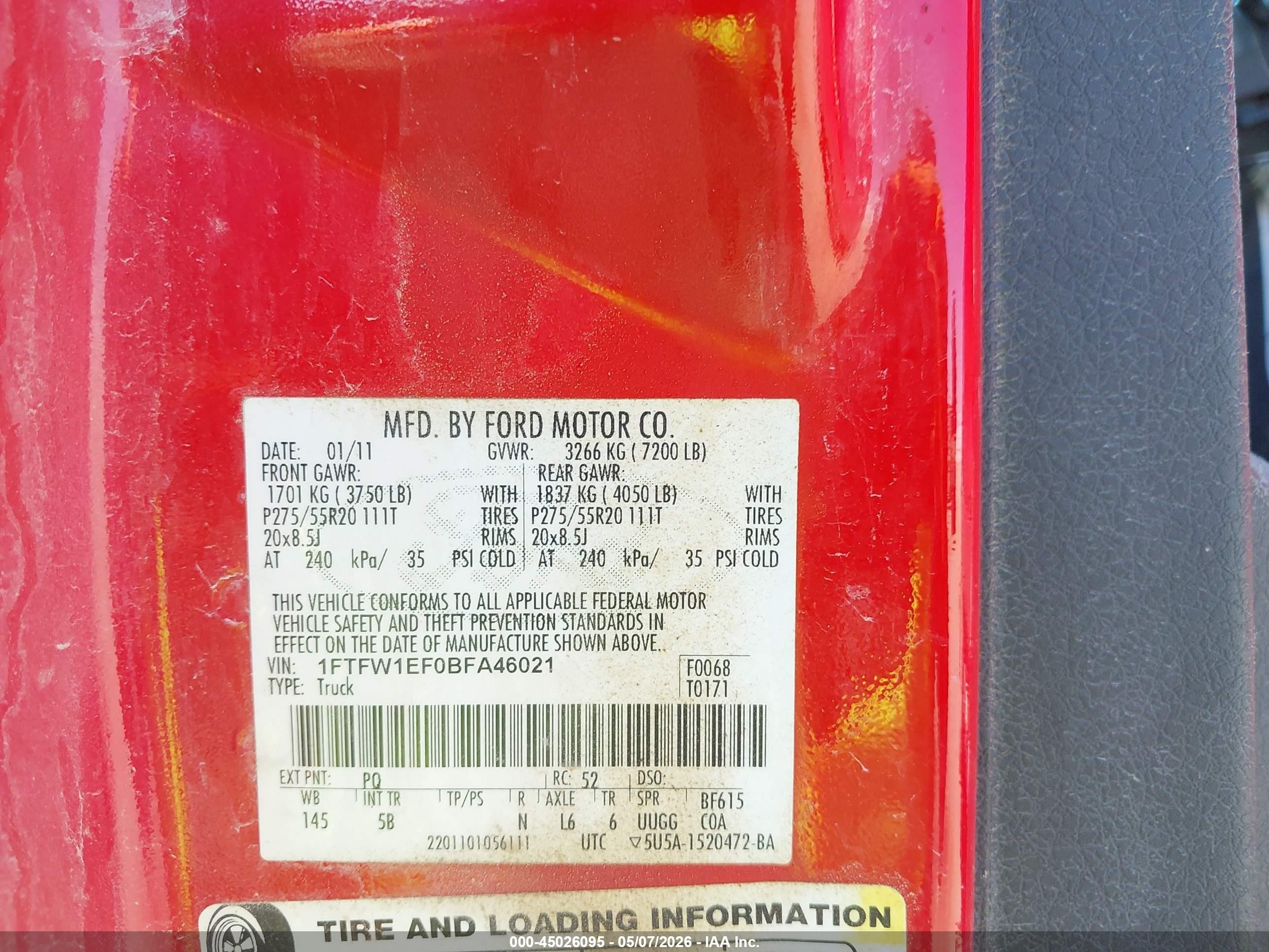2011 Ford F-150 Fx4 Red vin: 1FTFW1EF0BFA46021