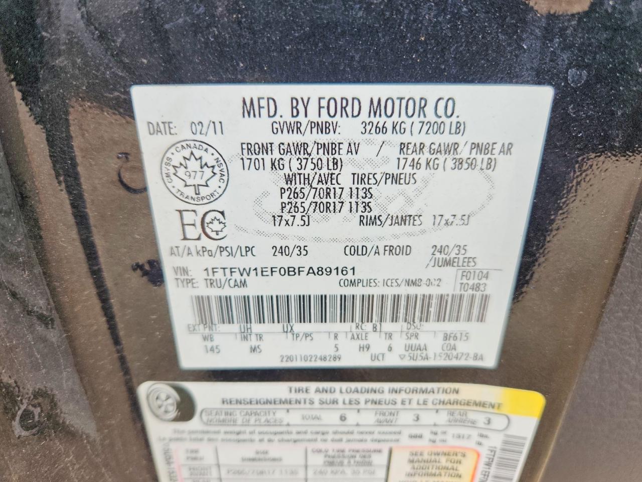 2011 Ford F150 Supercrew Black vin: 1FTFW1EF0BFA89161