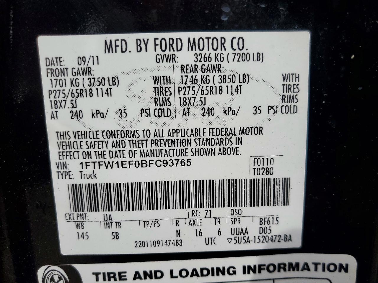 2011 Ford F150 Supercrew Black vin: 1FTFW1EF0BFC93765