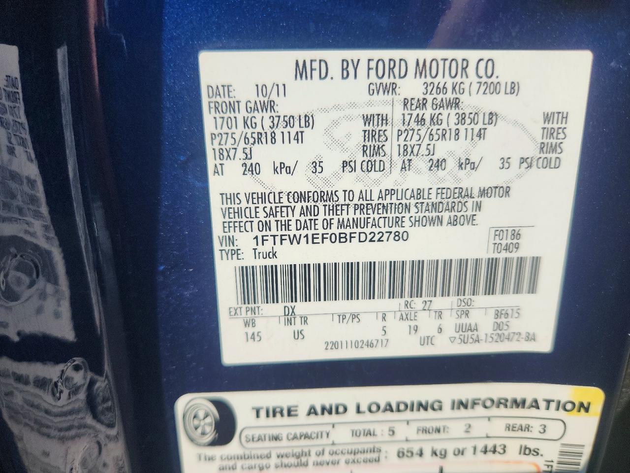 2011 Ford F150 Supercrew Blue vin: 1FTFW1EF0BFD22780
