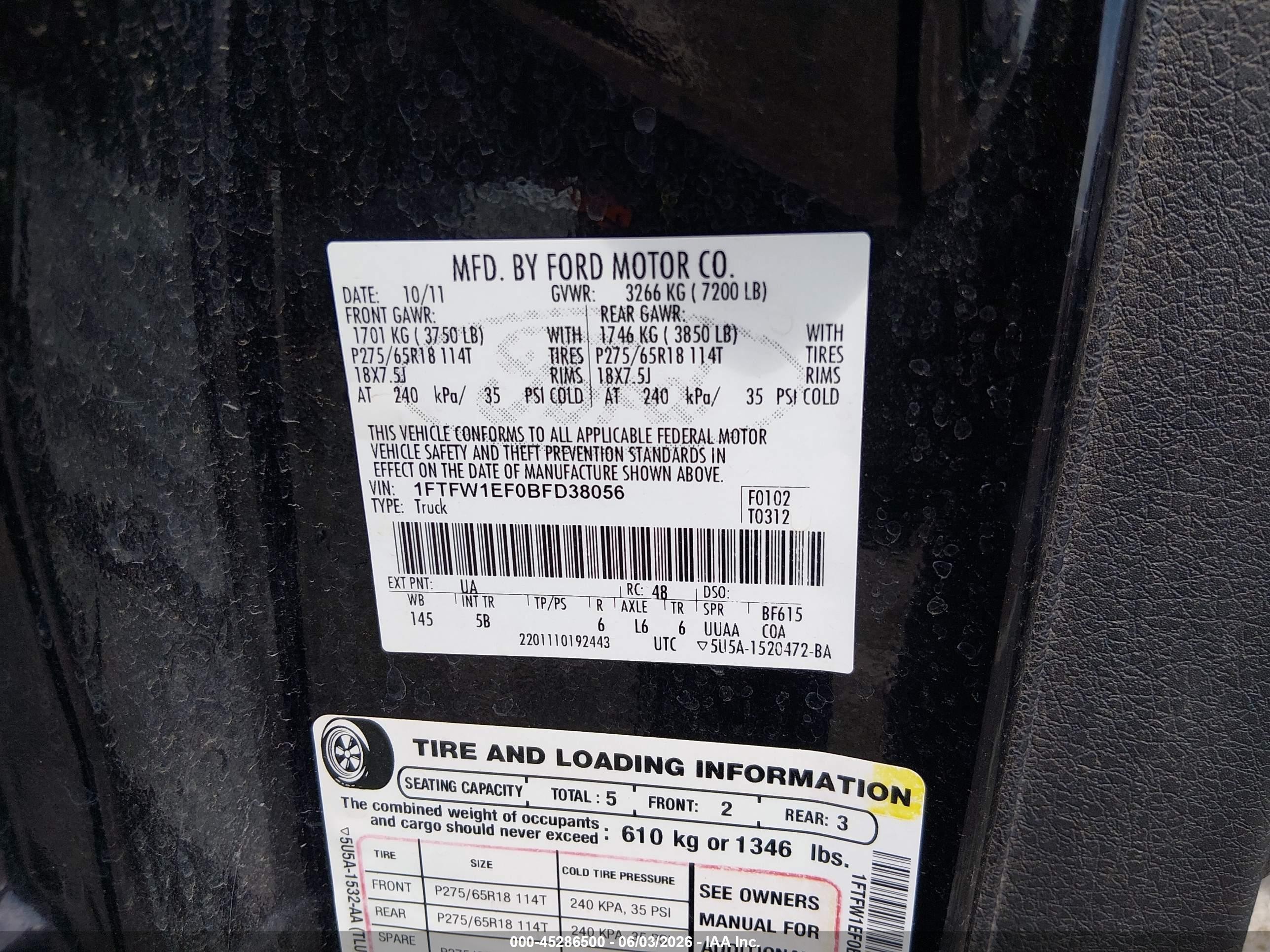 2011 Ford F-150 Fx4 Black vin: 1FTFW1EF0BFD38056