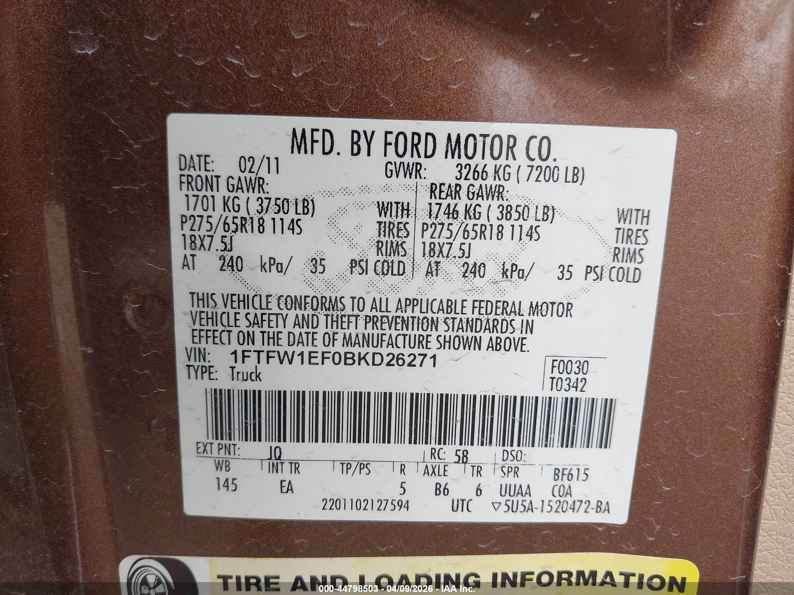 2011 Ford F-150 Lariat Brown vin: 1FTFW1EF0BKD26271