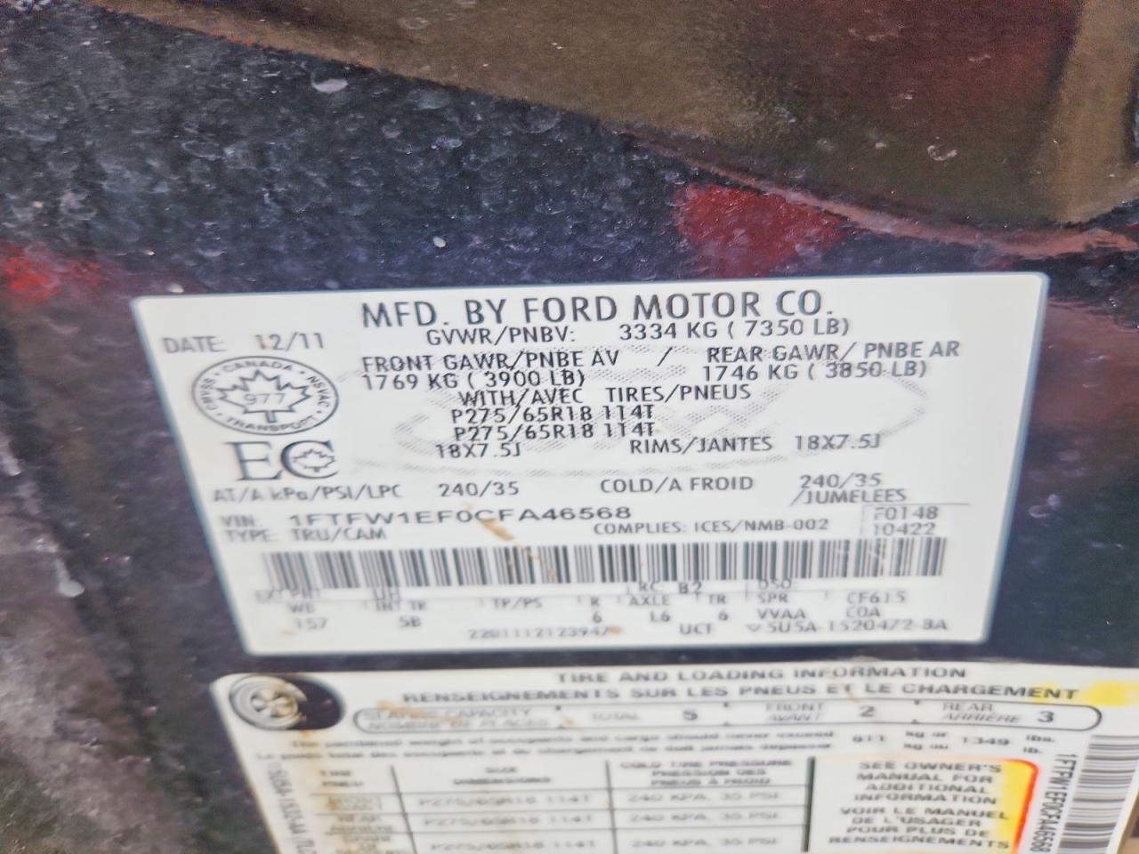 2012 Ford F150 Supercrew Black vin: 1FTFW1EF0CFA46568