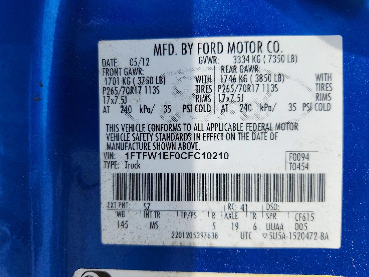2012 Ford F150 Supercrew Blue vin: 1FTFW1EF0CFC10210