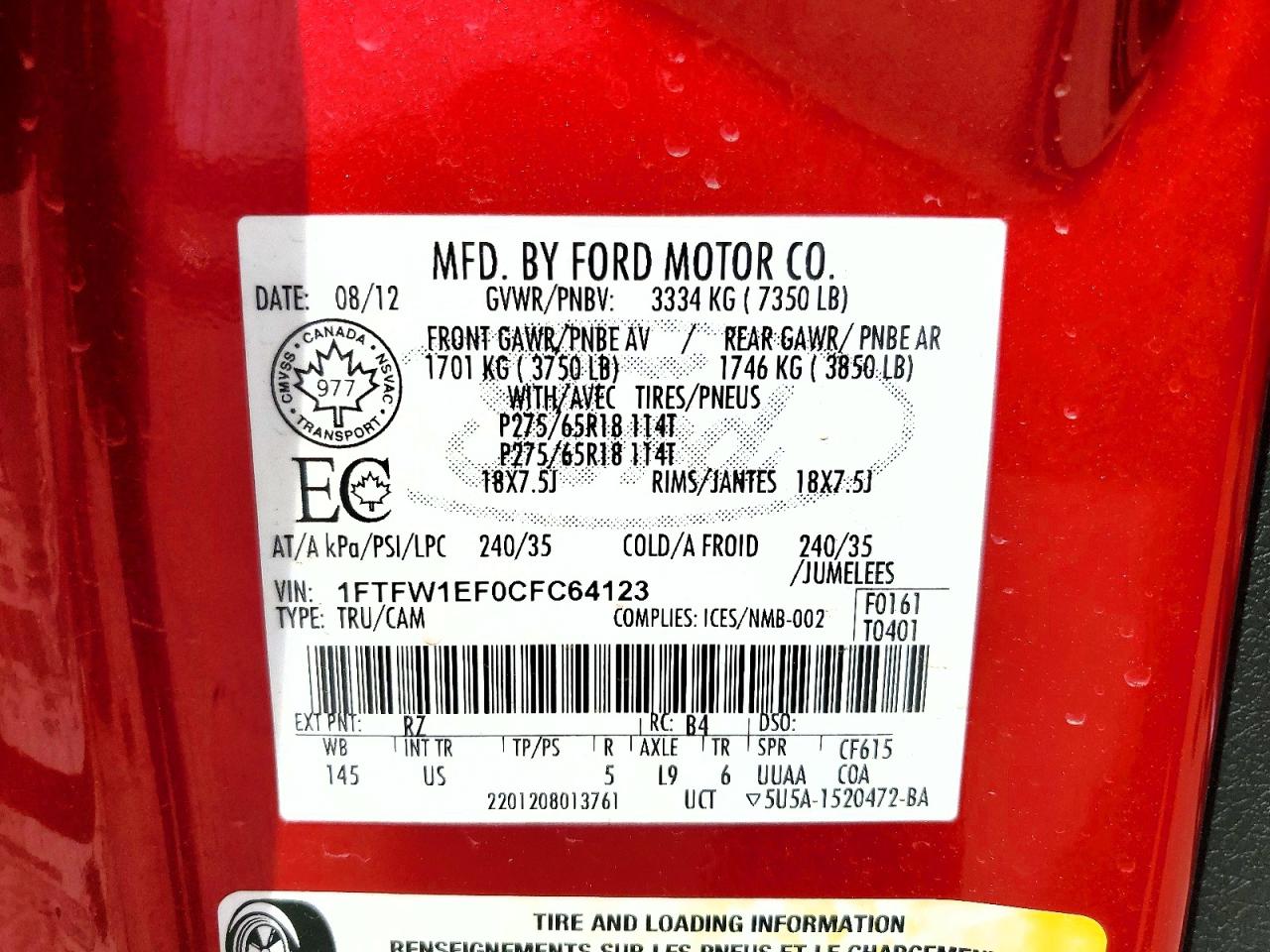 2012 Ford F150 Supercrew Красный vin: 1FTFW1EF0CFC64123