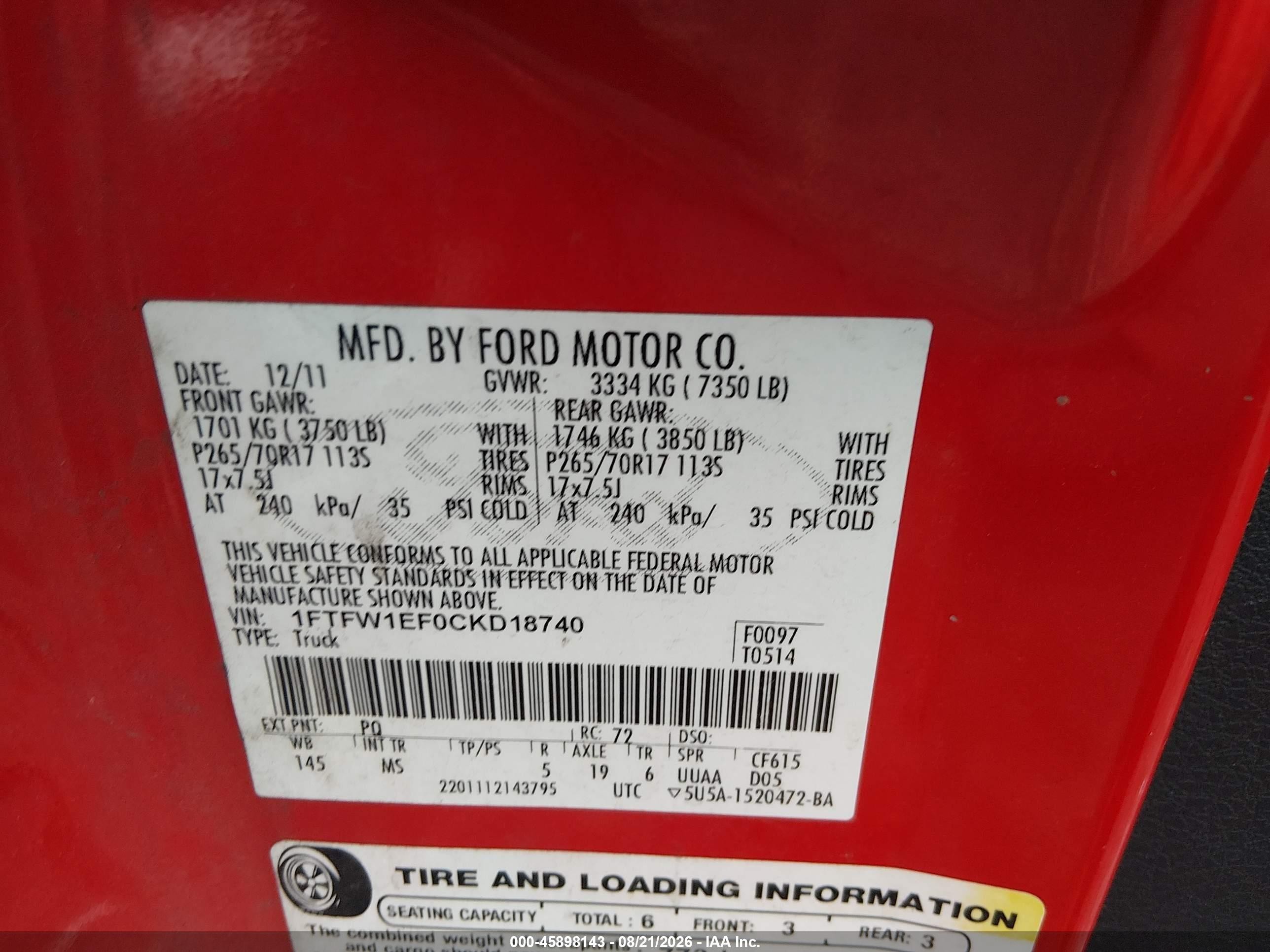 2012 Ford F-150 Xlt Red vin: 1FTFW1EF0CKD18740