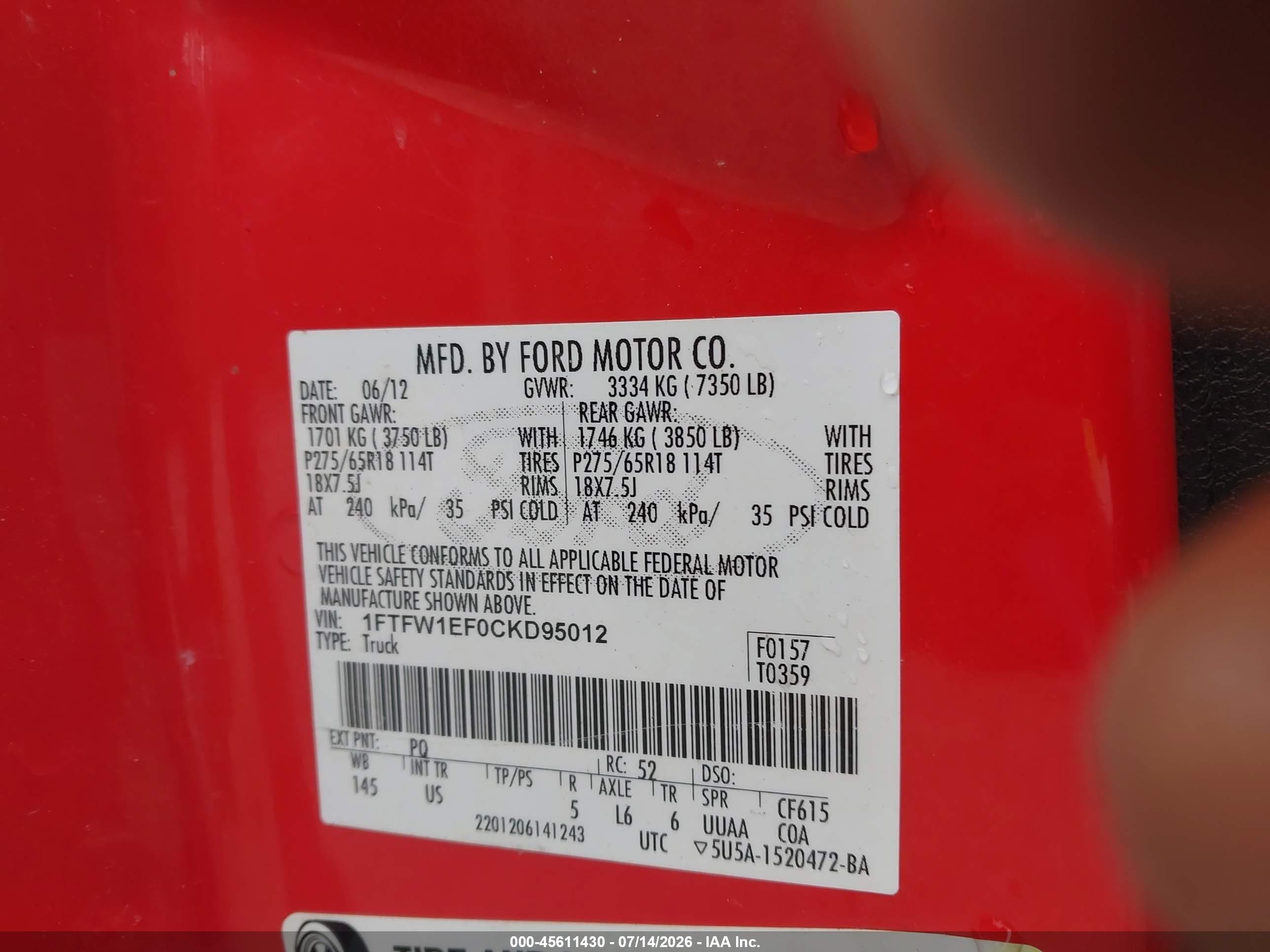 2012 Ford F-150 Xlt Red vin: 1FTFW1EF0CKD95012
