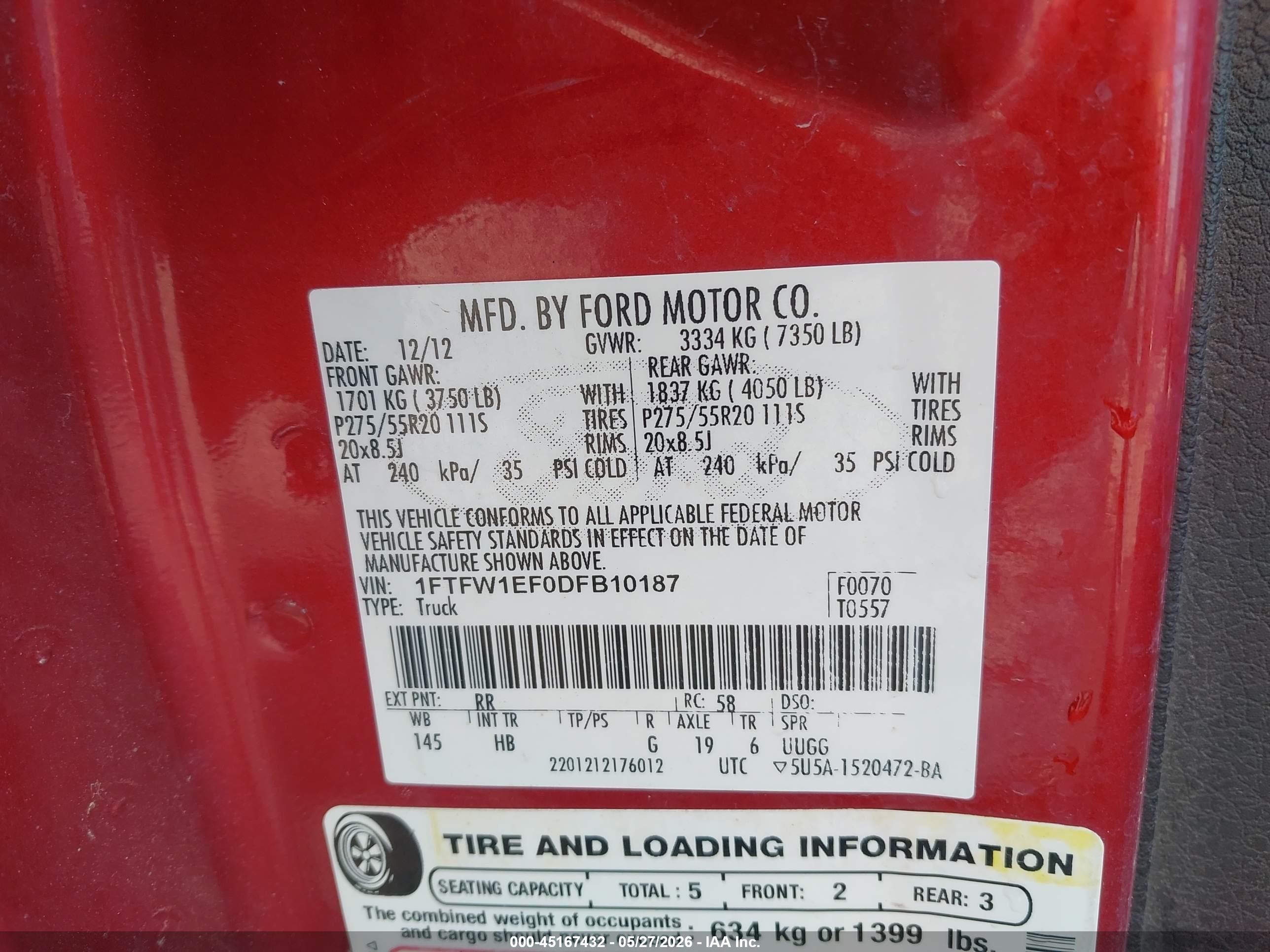 2013 Ford F-150 Lariat Red vin: 1FTFW1EF0DFB10187