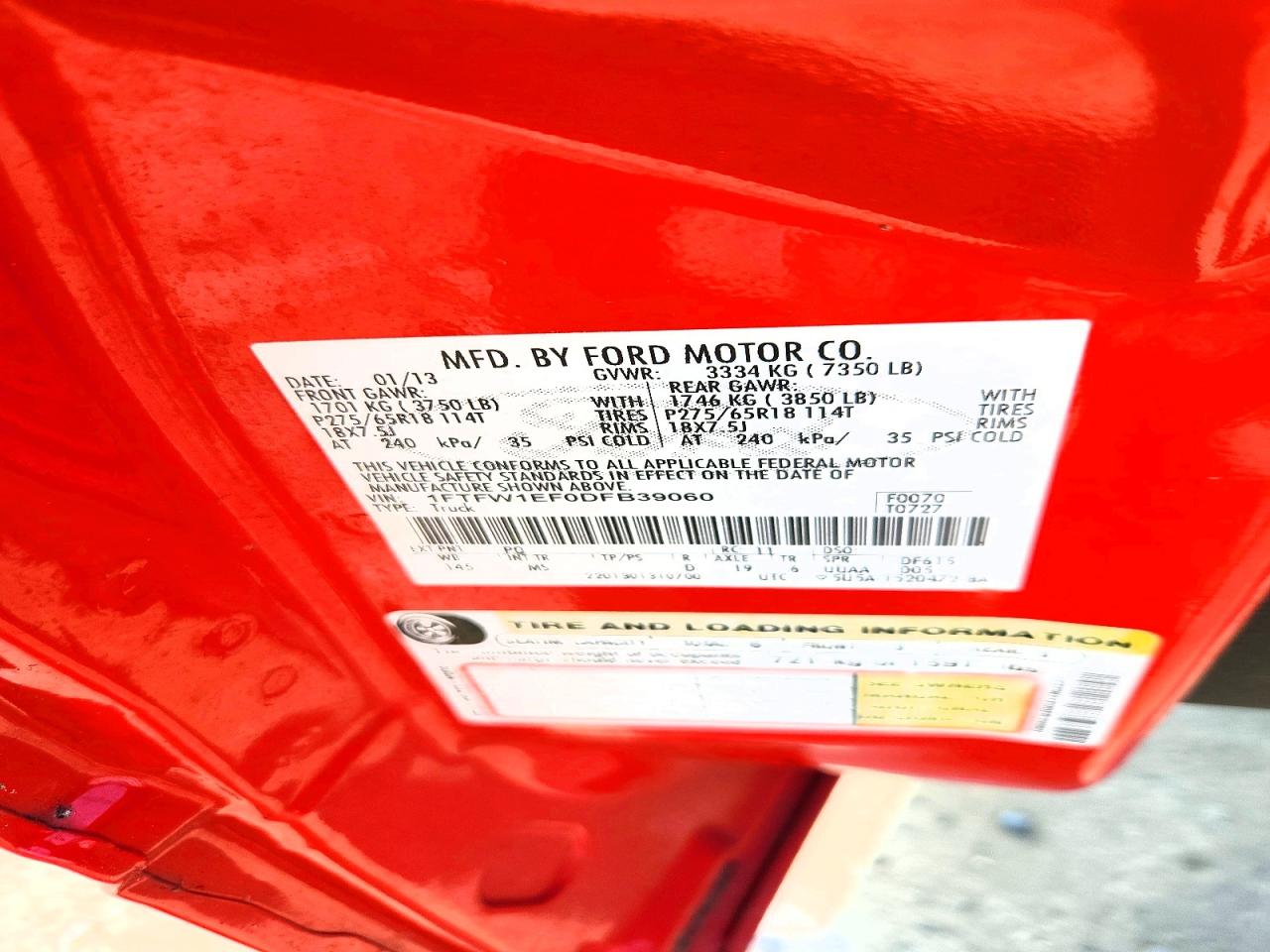 2013 Ford F150 Supercrew Red vin: 1FTFW1EF0DFB39060
