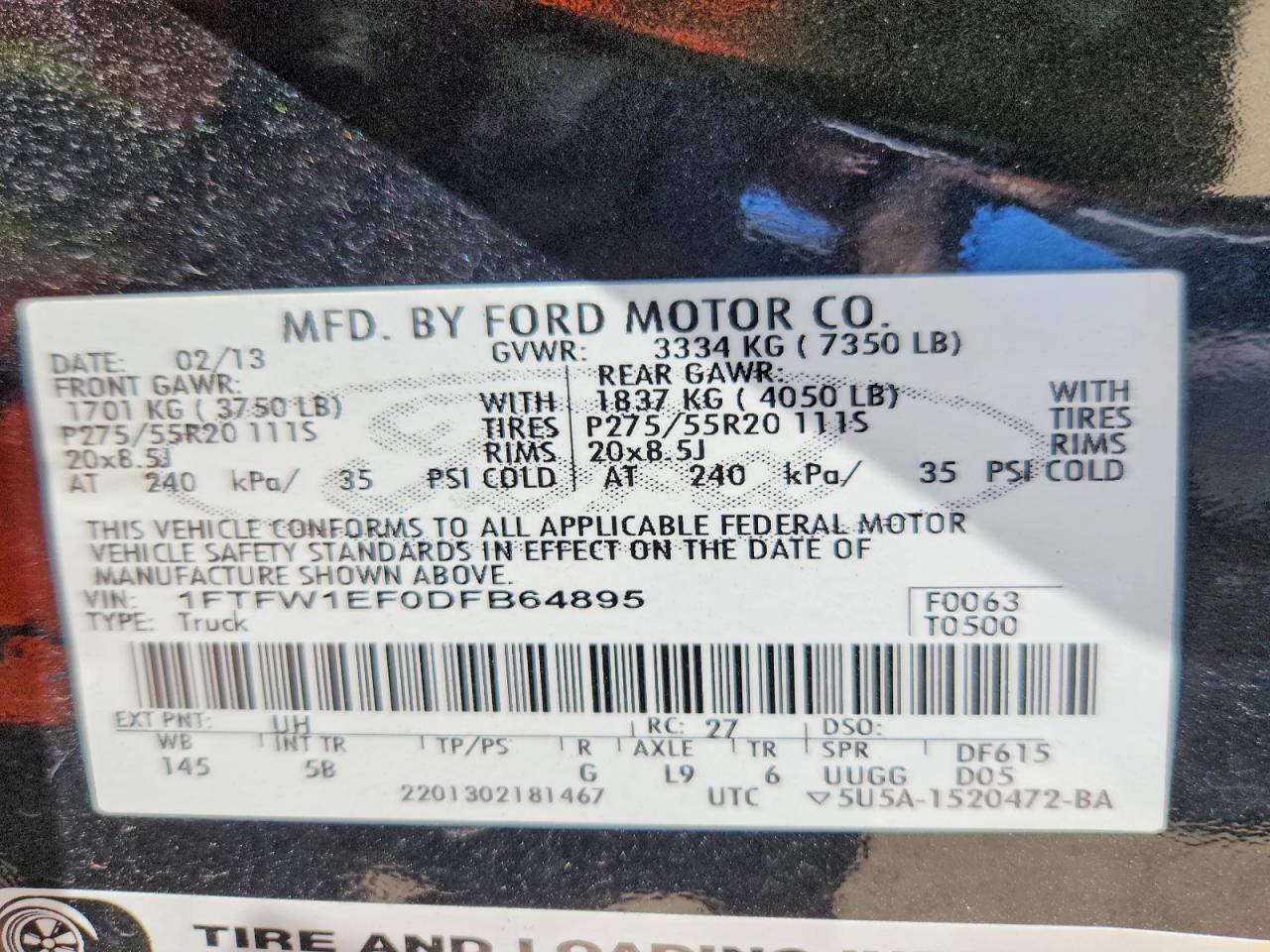 2013 Ford F150 Supercrew Black vin: 1FTFW1EF0DFB64895