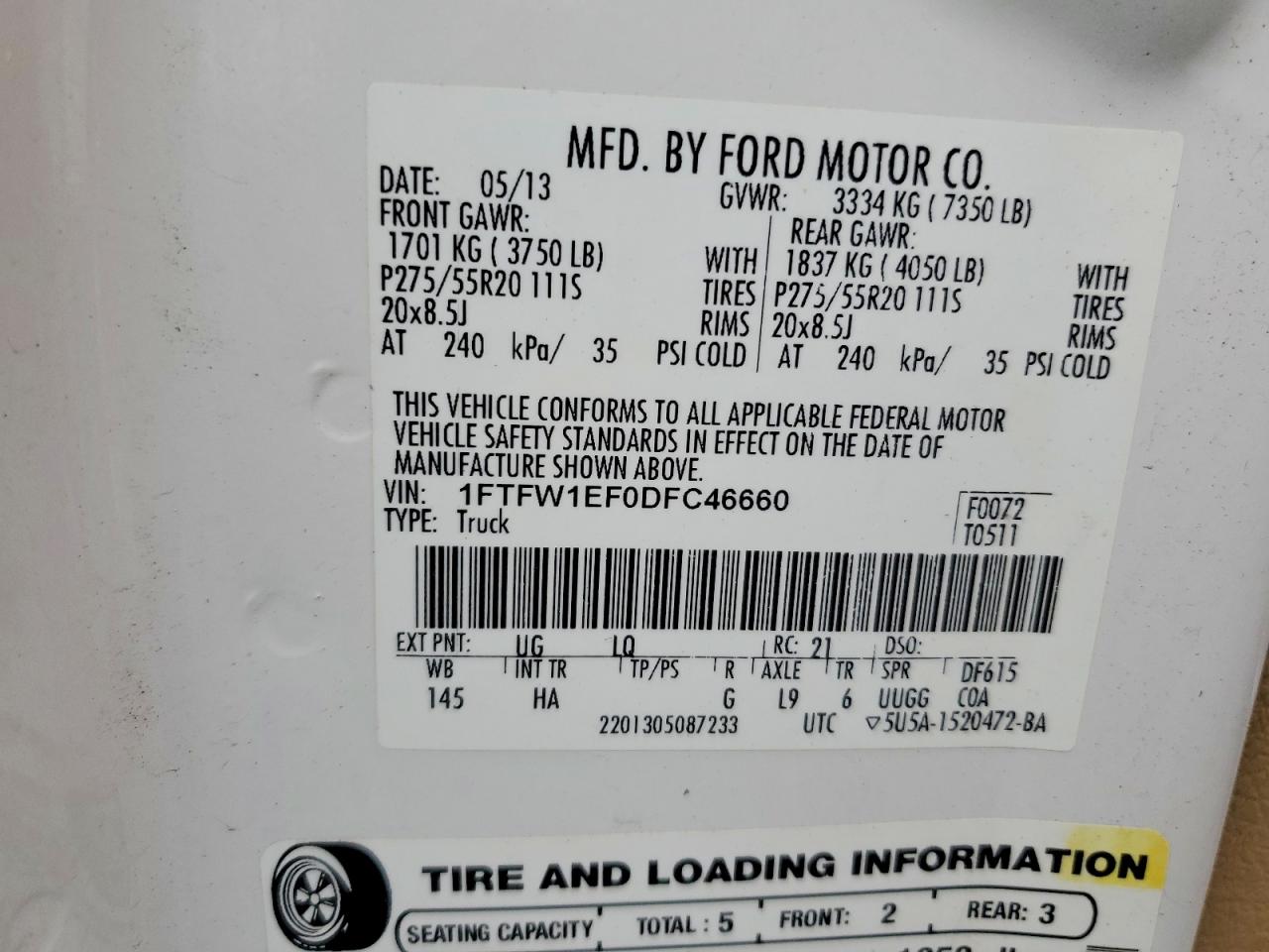 2013 Ford F150 Supercrew White vin: 1FTFW1EF0DFC46660