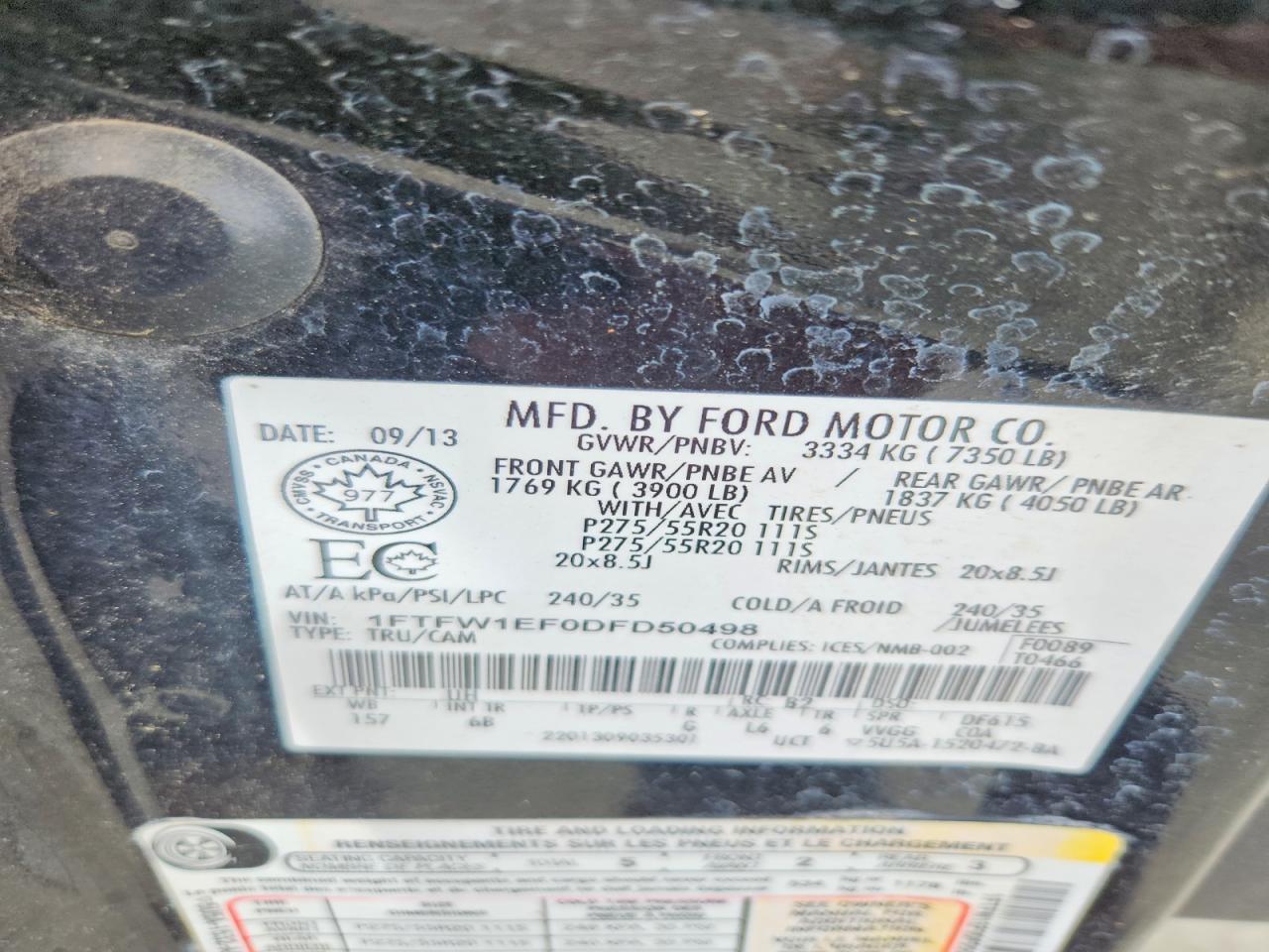 2013 Ford F150 Supercrew Black vin: 1FTFW1EF0DFD50498