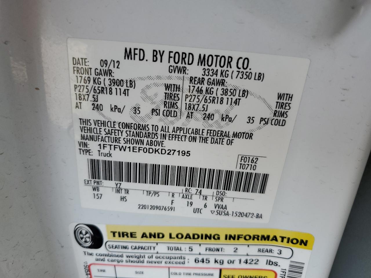 2013 Ford F150 Supercrew White vin: 1FTFW1EF0DKD27195