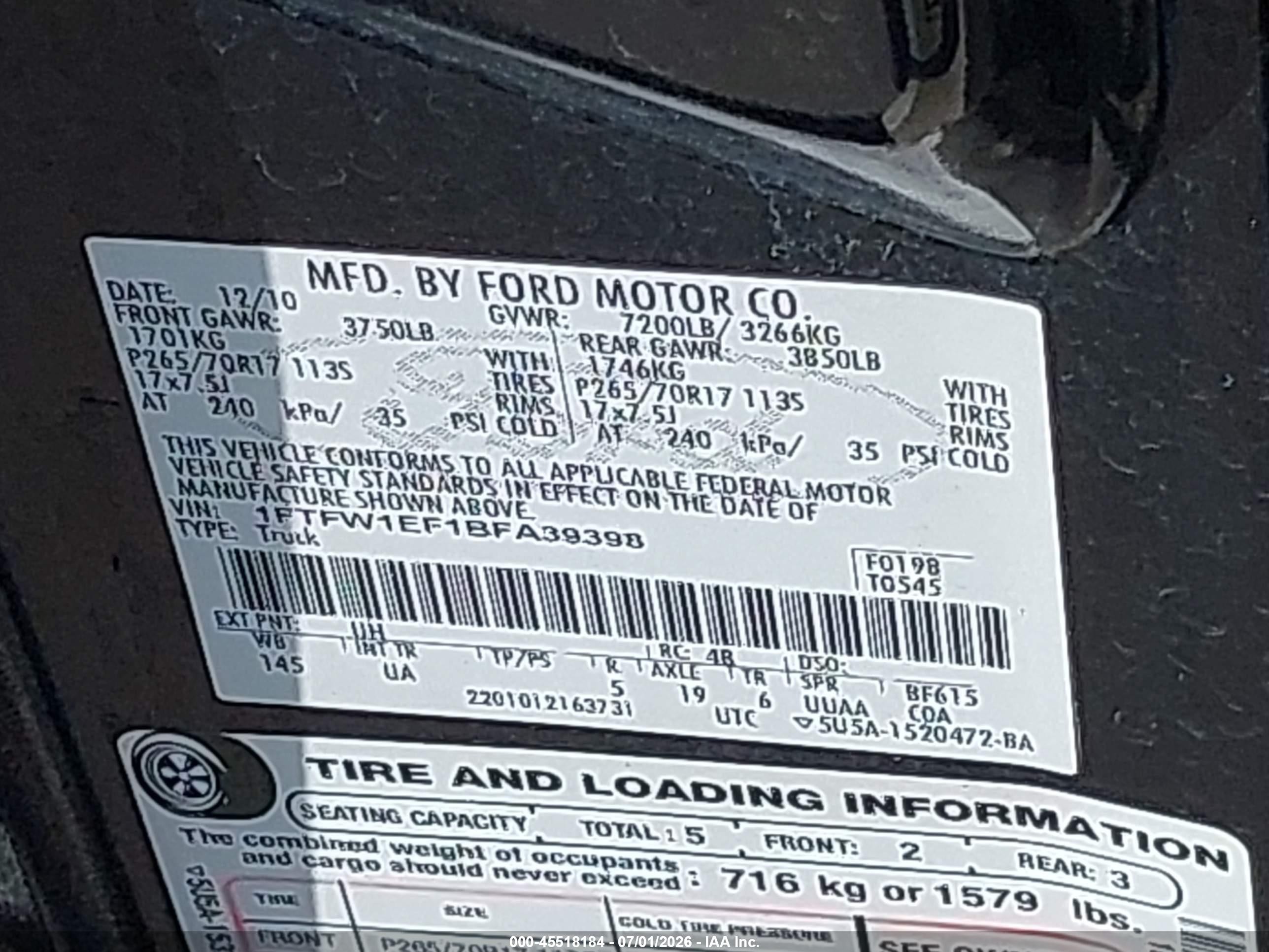 2011 Ford F-150 Fx4/king Ranch/lariat/platinum/xl/xlt Черный vin: 1FTFW1EF1BFA39398