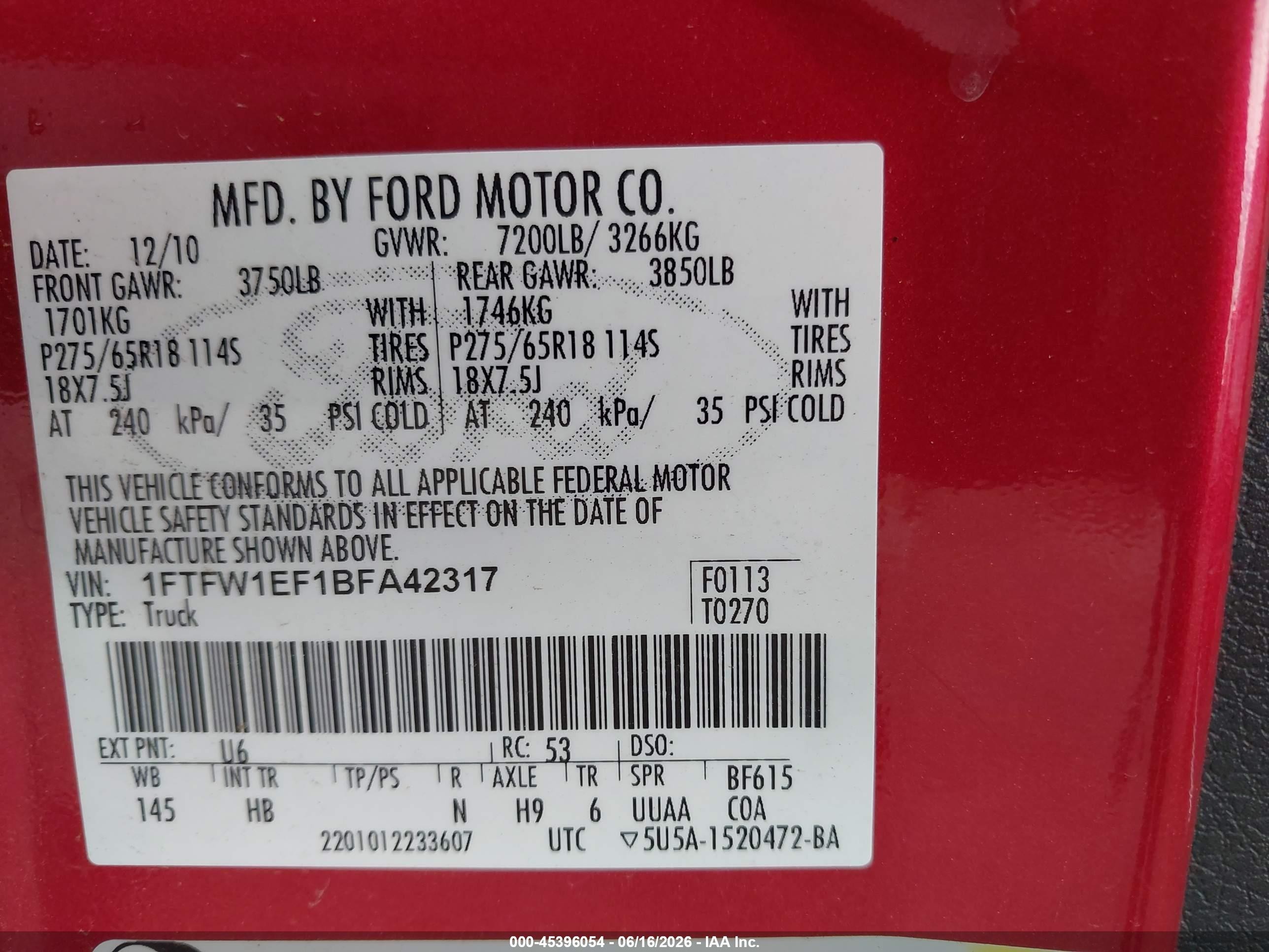 2011 Ford F-150 Fx4/king Ranch/lariat/platinum/xl/xlt Red vin: 1FTFW1EF1BFA42317