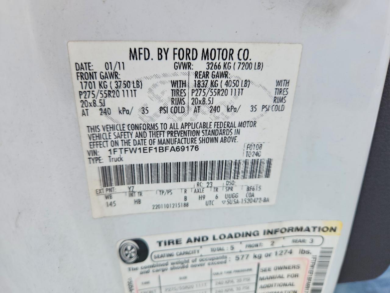 2011 Ford F-150 White vin: 1FTFW1EF1BFA69176