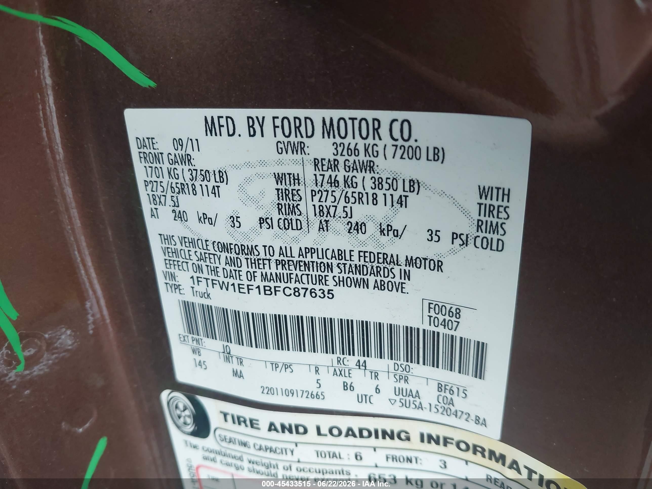 2011 Ford F-150 Fx4/king Ranch/lariat/platinum/xl/xlt Brown vin: 1FTFW1EF1BFC87635
