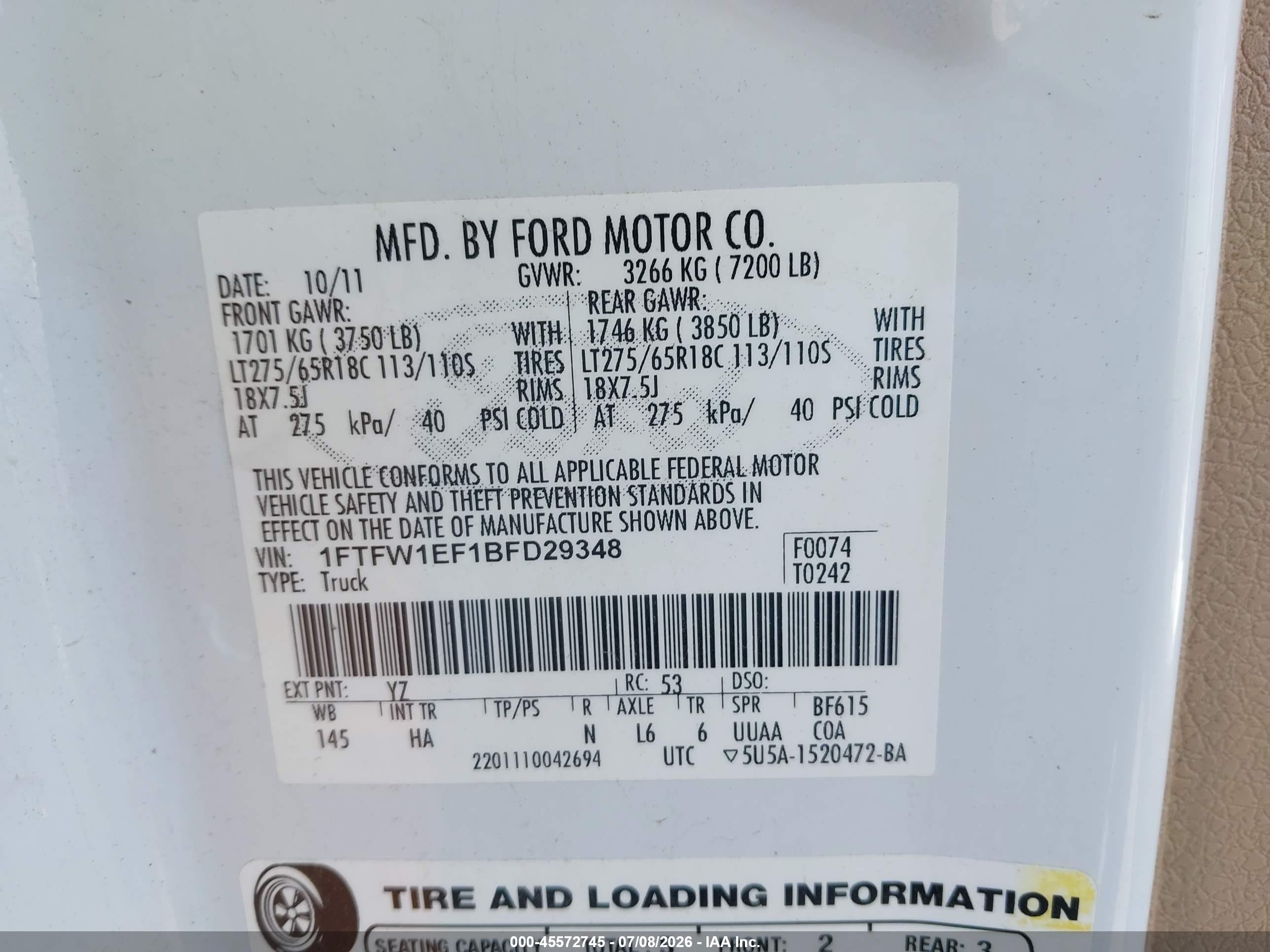 2011 Ford F-150 Fx4/king Ranch/lariat/platinum/xl/xlt White vin: 1FTFW1EF1BFD29348