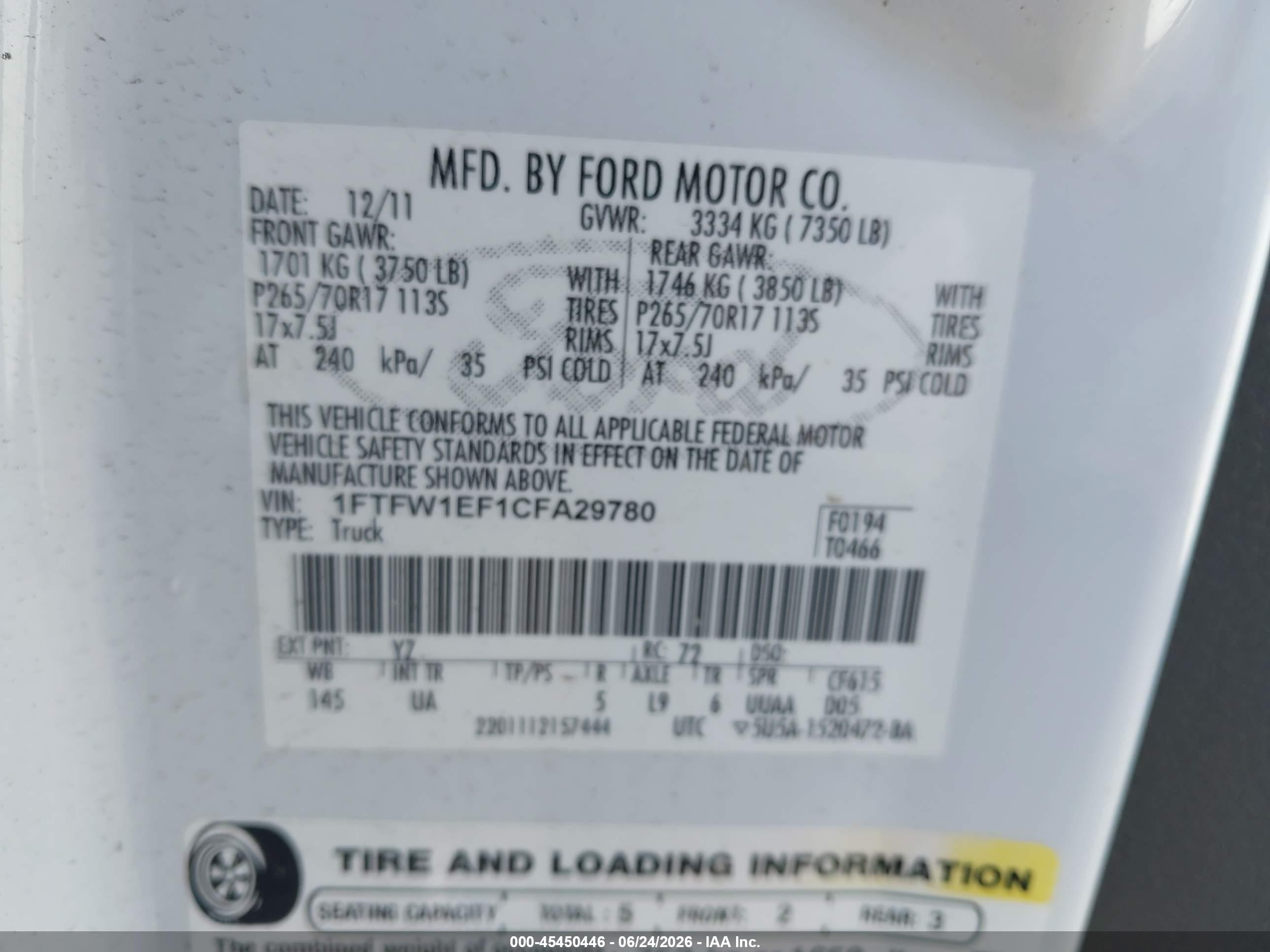 2012 Ford F-150 Fx4/king Ranch/lariat/platinum/xl/xlt White vin: 1FTFW1EF1CFA29780
