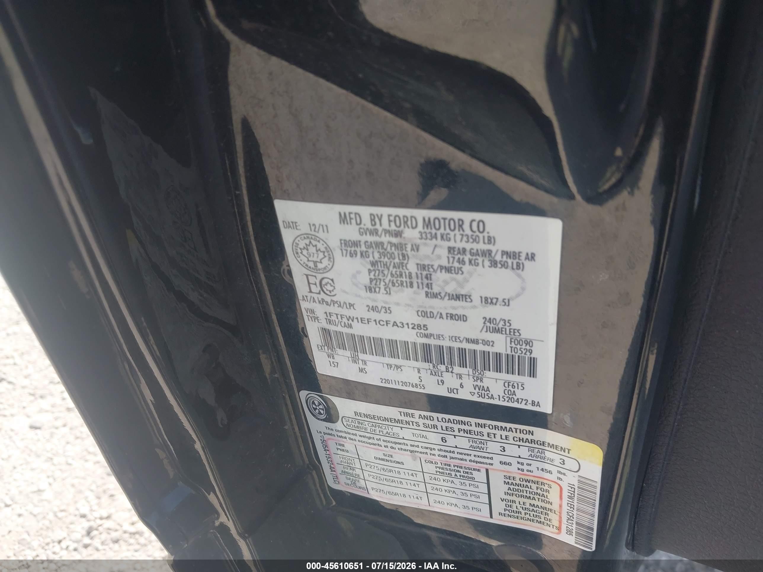 2012 Ford F-150 Xlt Black vin: 1FTFW1EF1CFA31285