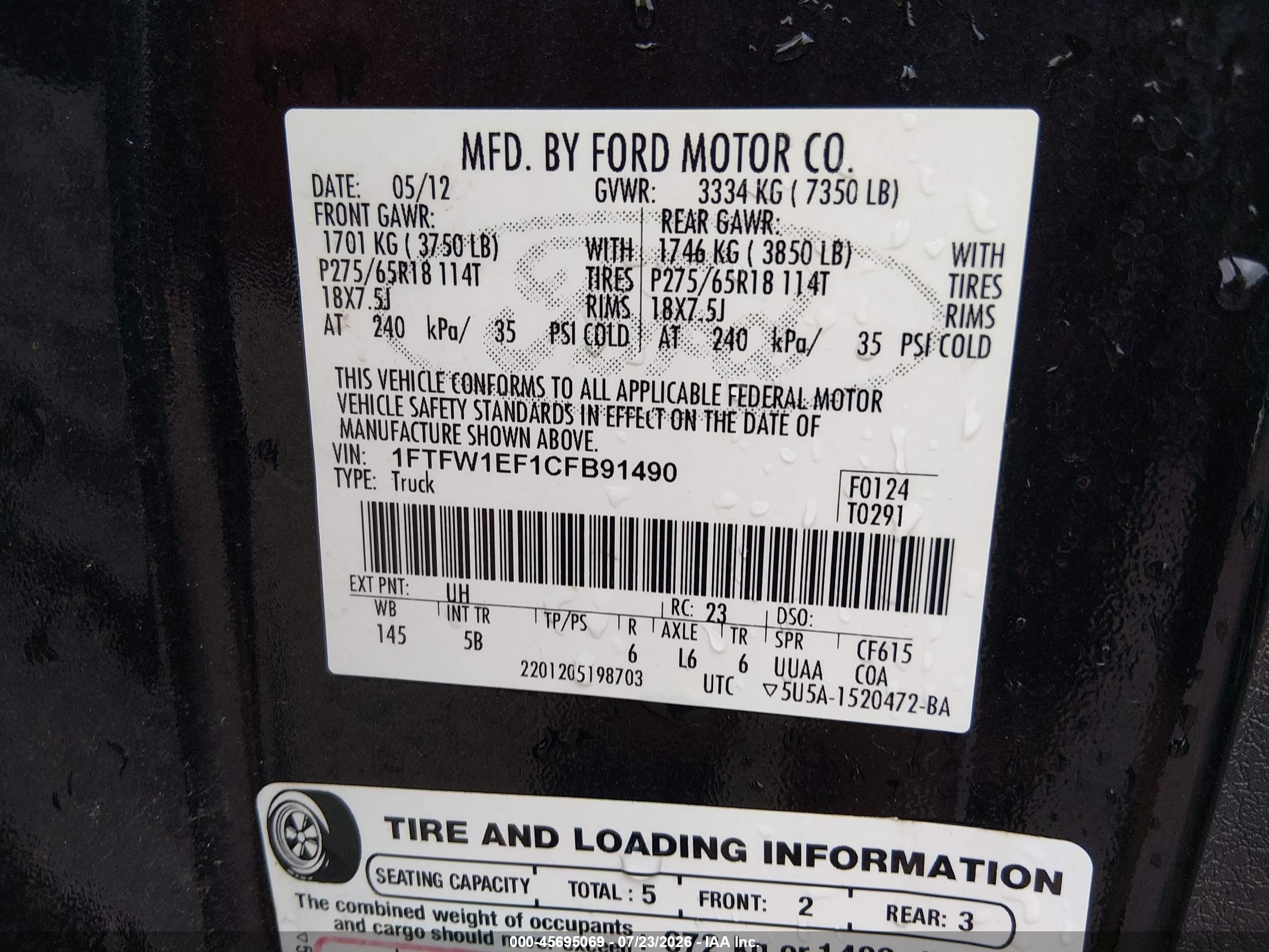 2012 Ford F-150 Fx4 Black vin: 1FTFW1EF1CFB91490