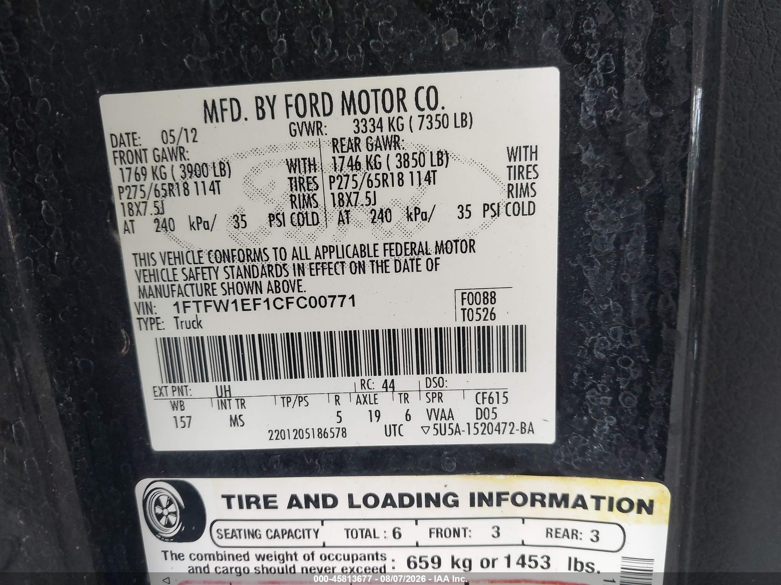 2012 Ford F-150 Xlt Black vin: 1FTFW1EF1CFC00771