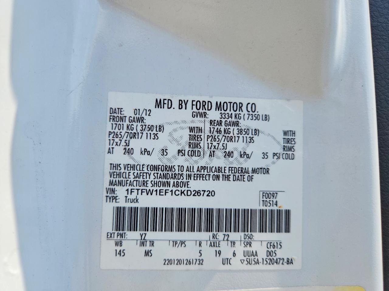 2012 Ford F150 Supercrew White vin: 1FTFW1EF1CKD26720