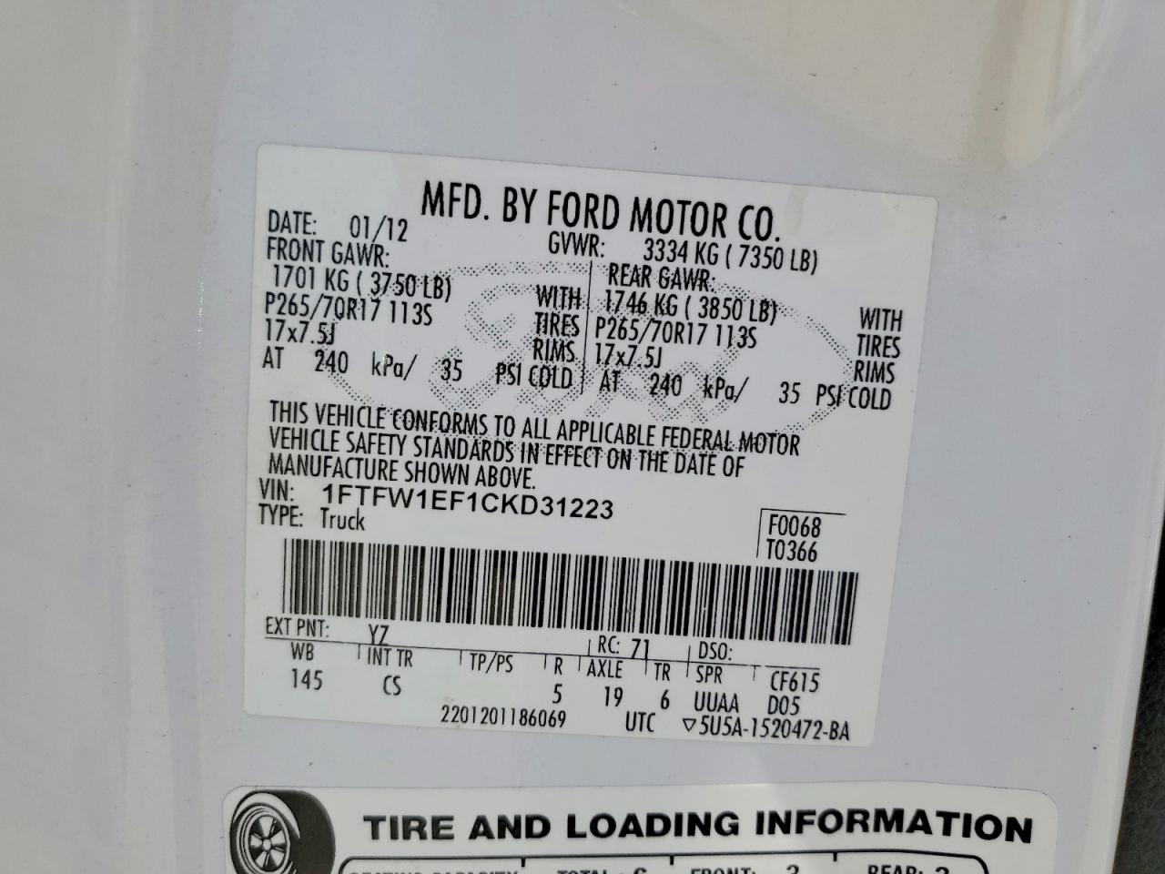 2012 Ford F150 Supercrew White vin: 1FTFW1EF1CKD31223