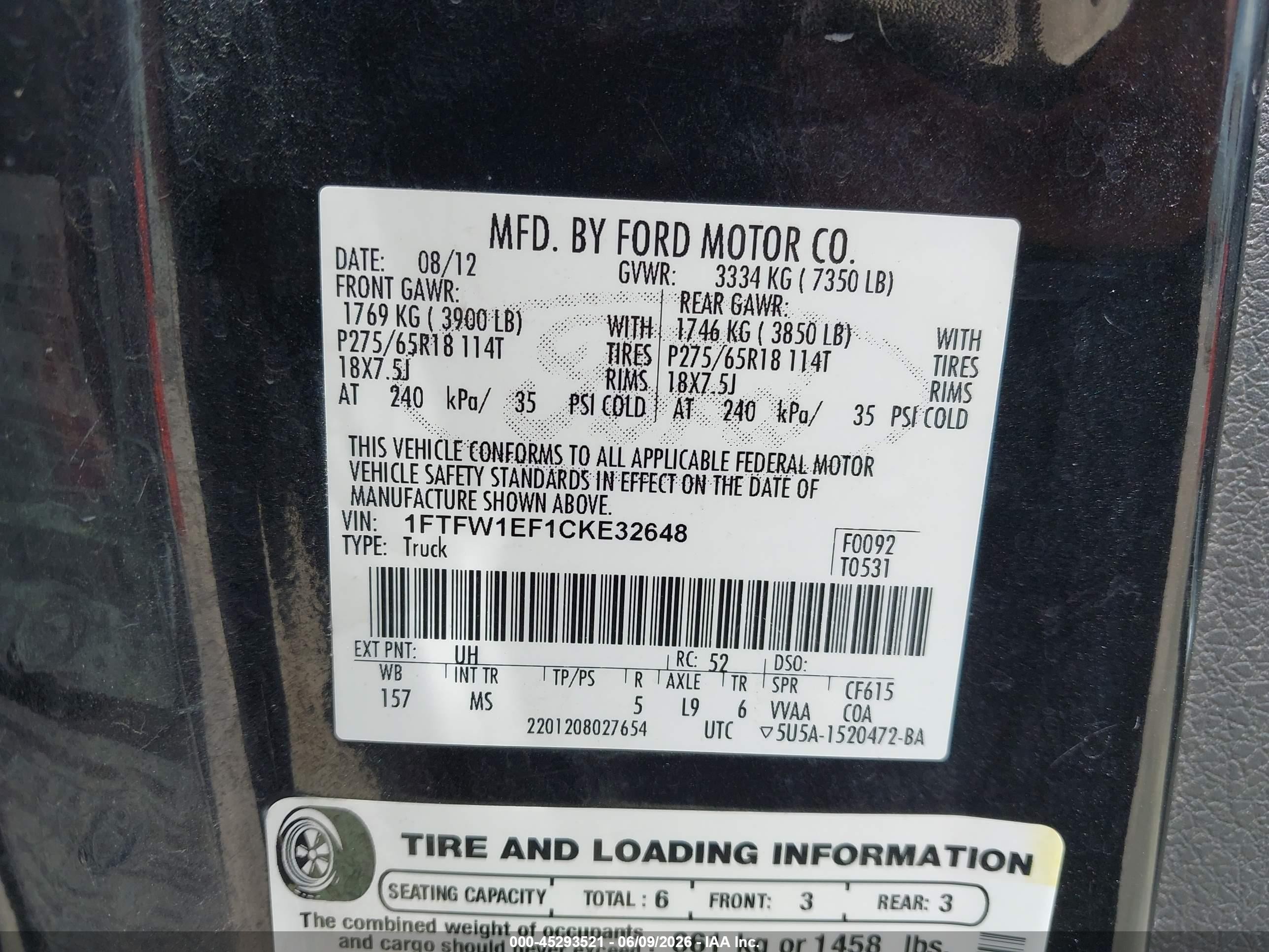 2012 Ford F-150 Xlt Black vin: 1FTFW1EF1CKE32648