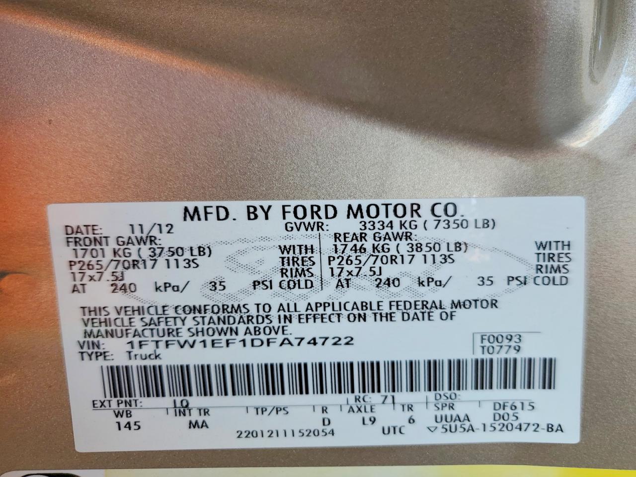 2013 Ford F150 Supercrew Gold vin: 1FTFW1EF1DFA74722