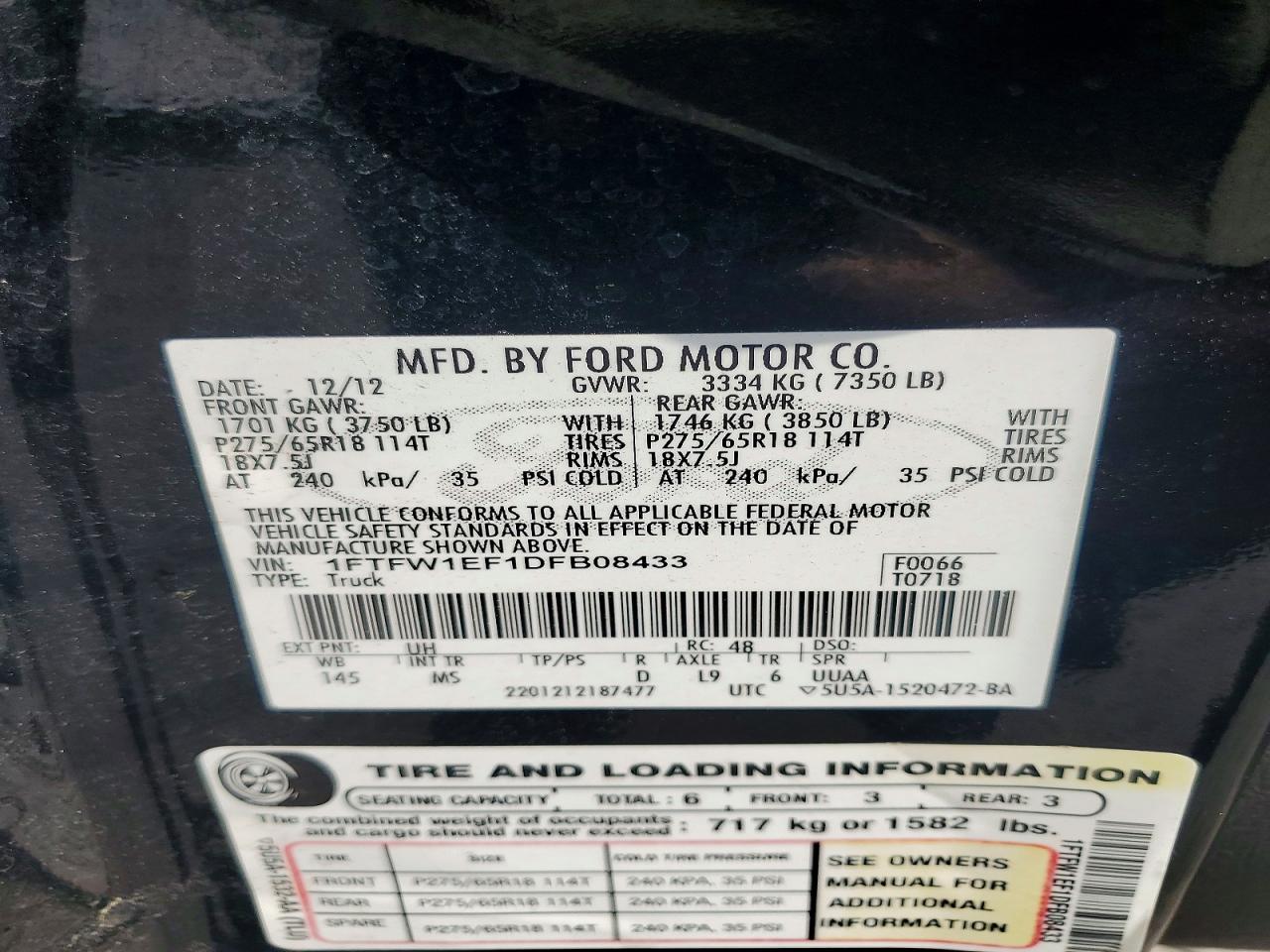 2013 Ford F150 Supercrew Black vin: 1FTFW1EF1DFB08433