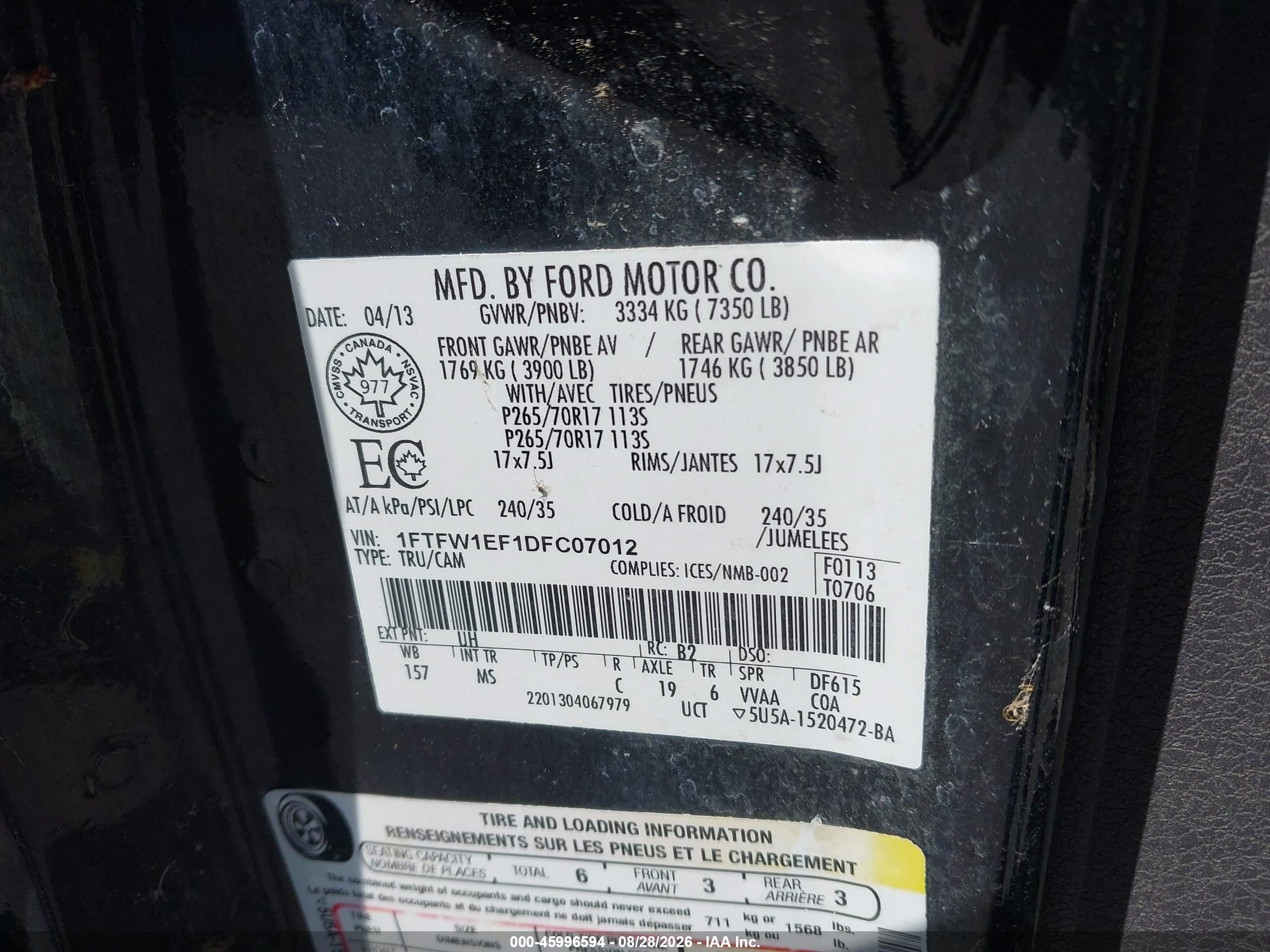 2013 Ford F-150 Xlt Black vin: 1FTFW1EF1DFC07012
