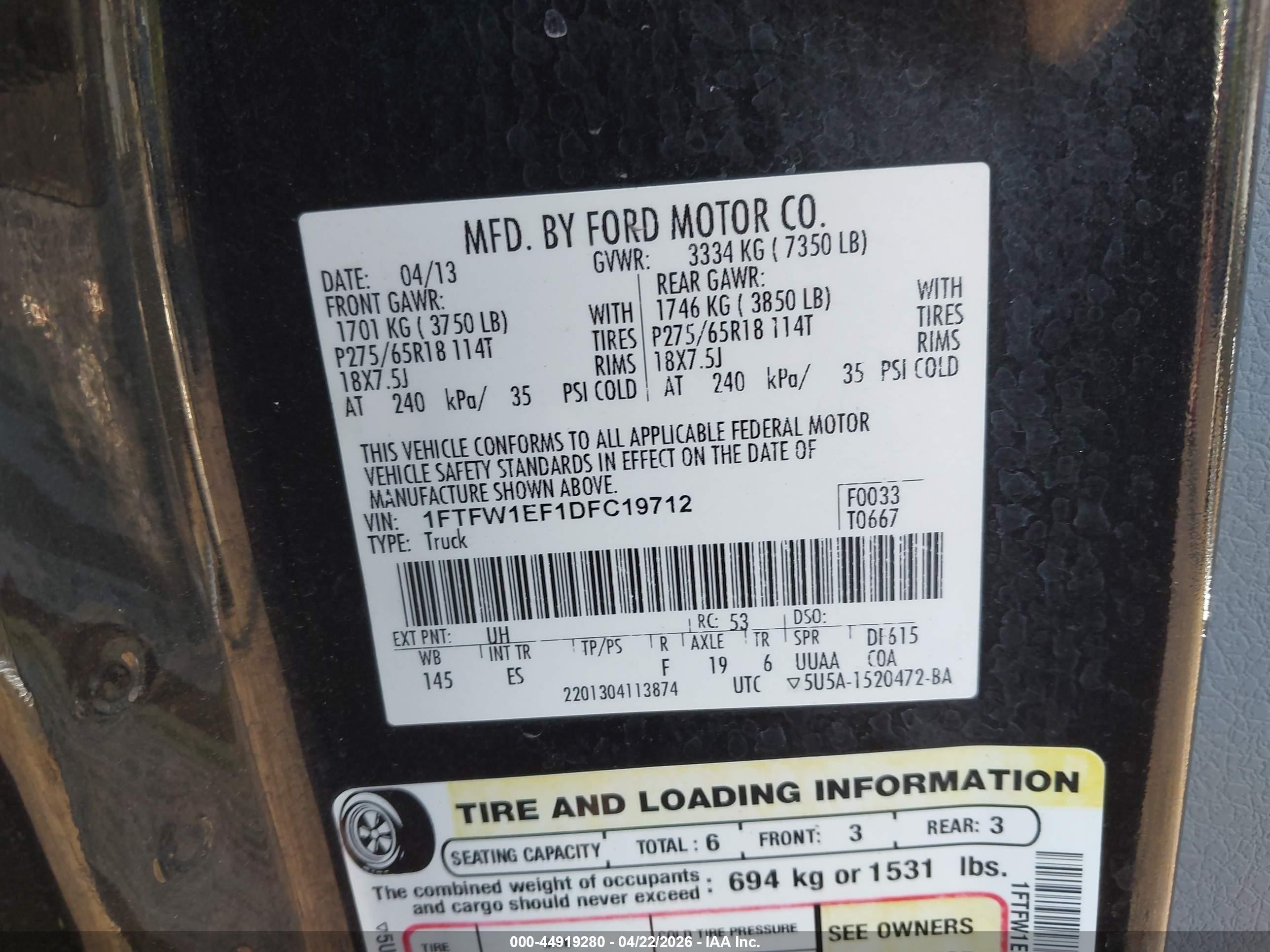 2013 Ford F-150 Lariat Black vin: 1FTFW1EF1DFC19712