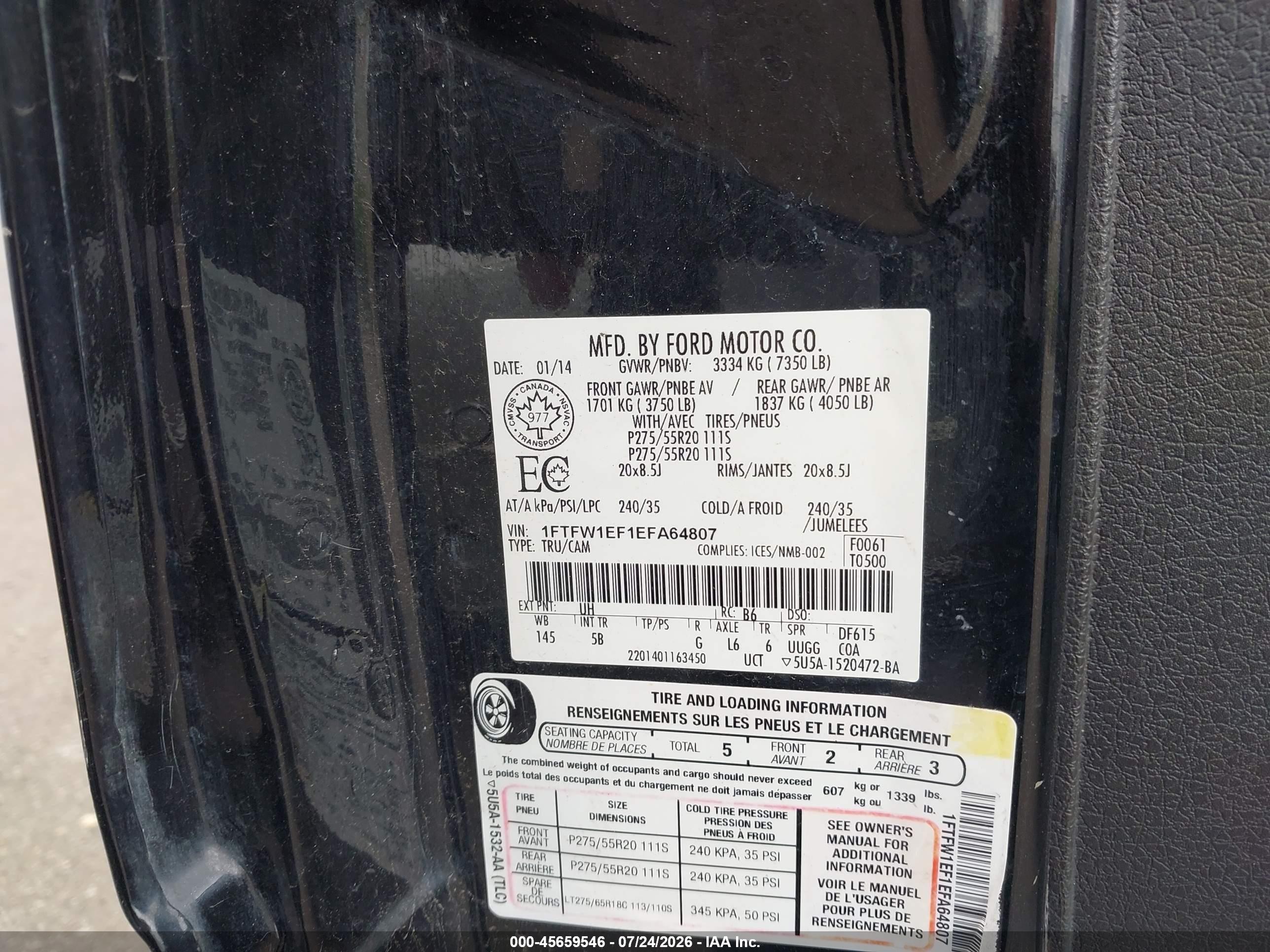 2014 Ford F-150 Fx4 Black vin: 1FTFW1EF1EFA64807