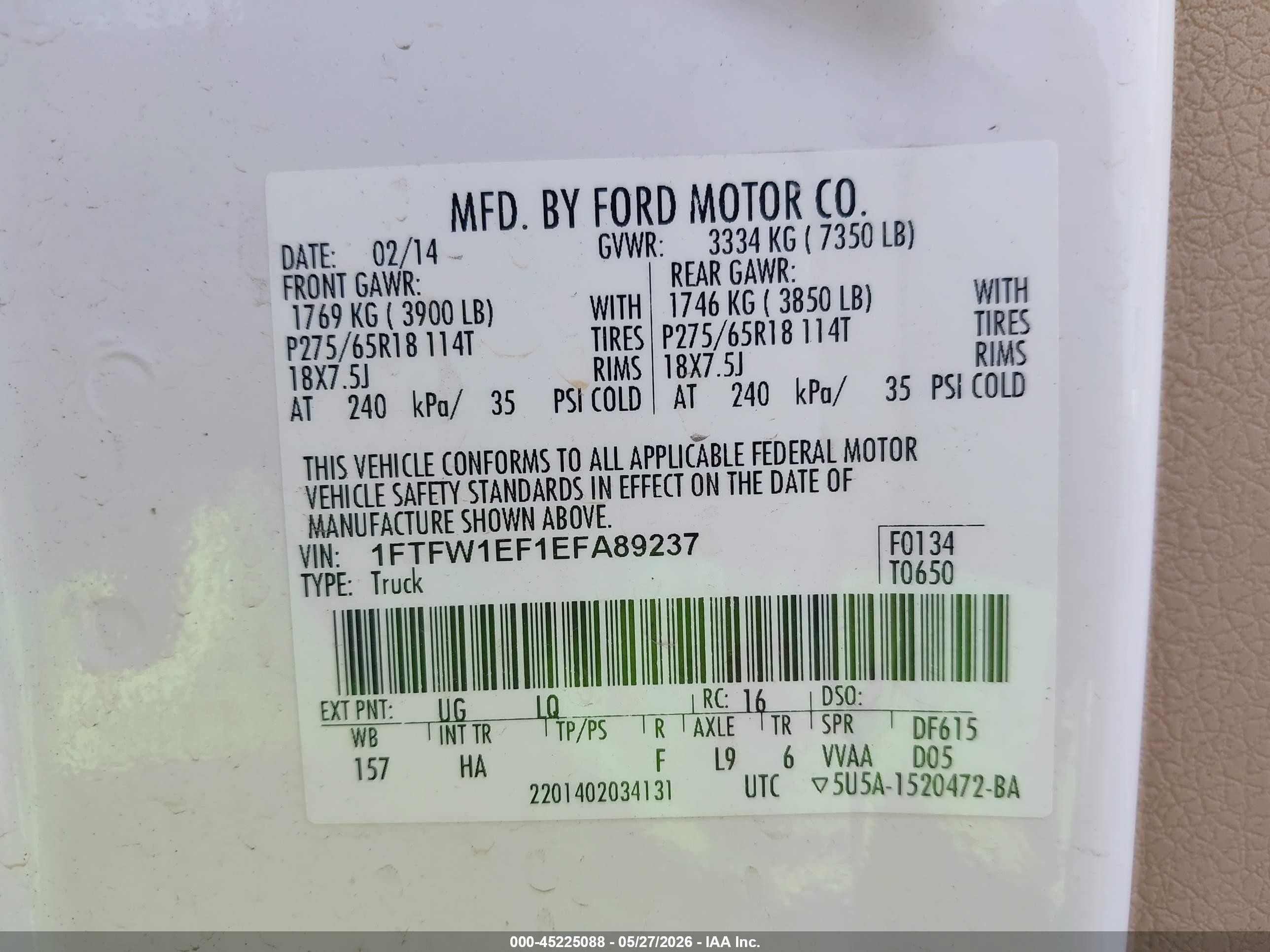 2014 Ford F-150 Lariat Белый vin: 1FTFW1EF1EFA89237