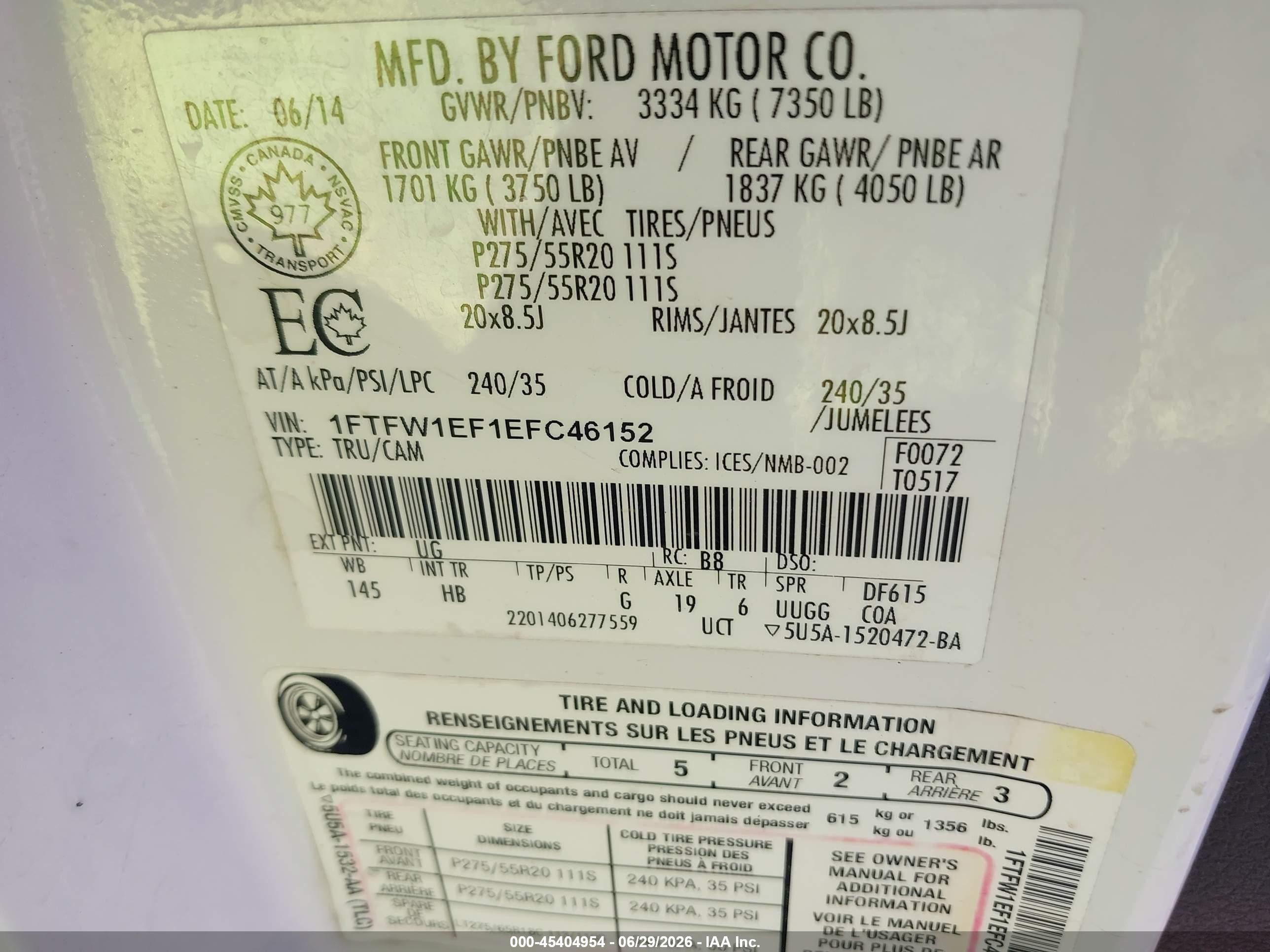 2014 Ford F-150 Lariat White vin: 1FTFW1EF1EFC46152