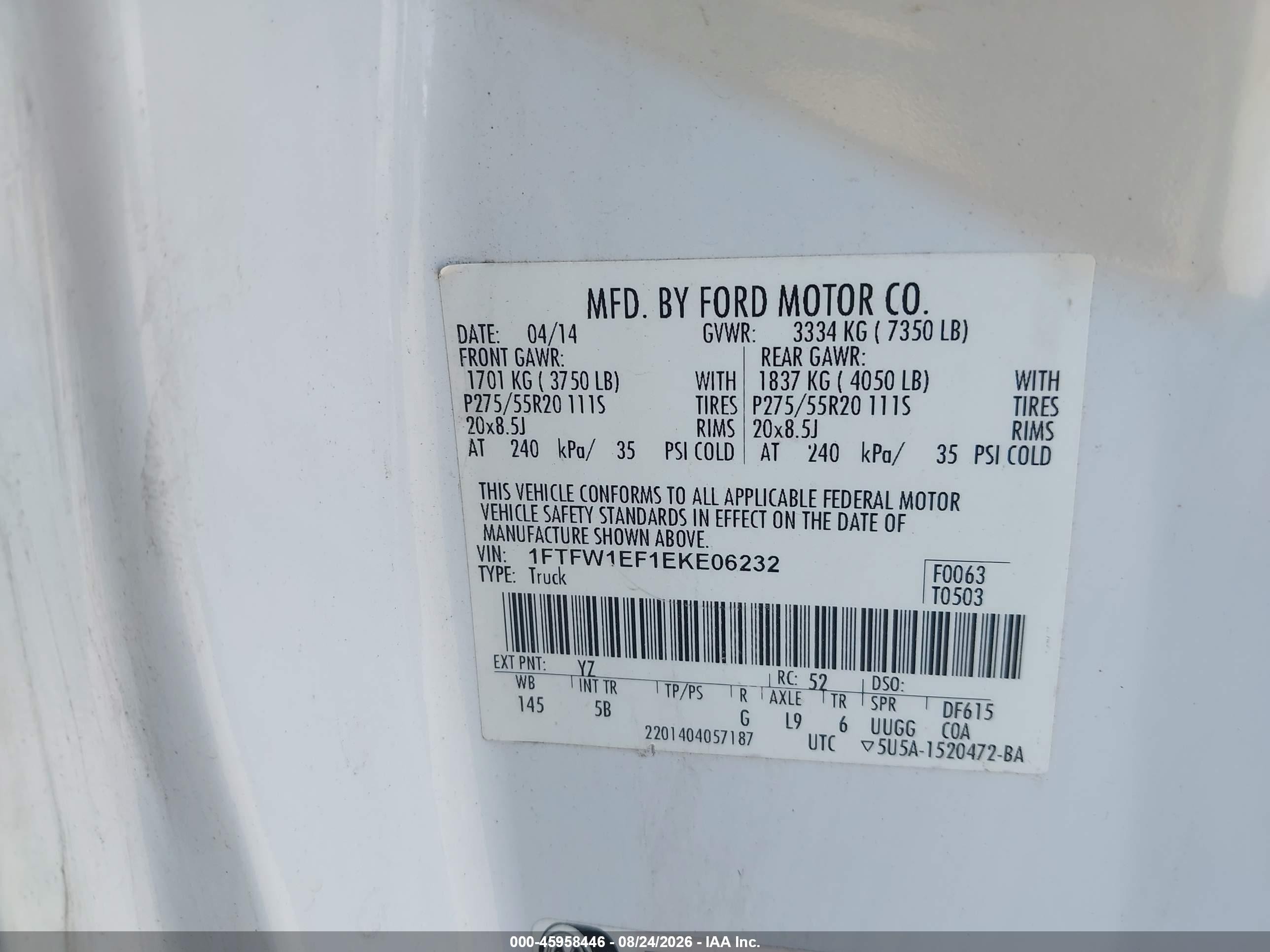2014 Ford F-150 Fx4 White vin: 1FTFW1EF1EKE06232