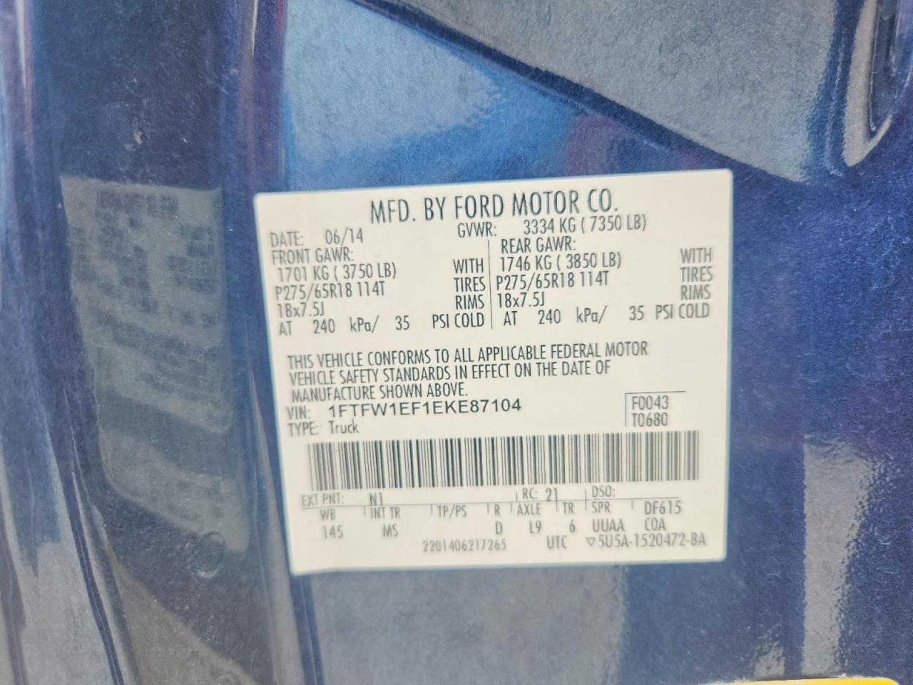 2014 Ford F150 Supercrew Blue vin: 1FTFW1EF1EKE87104
