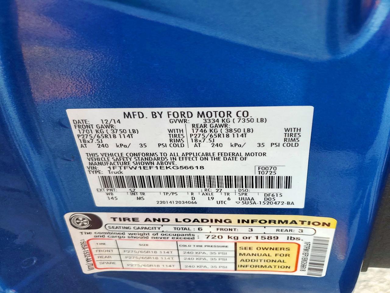 2014 Ford F150 Supercrew Blue vin: 1FTFW1EF1EKG56618