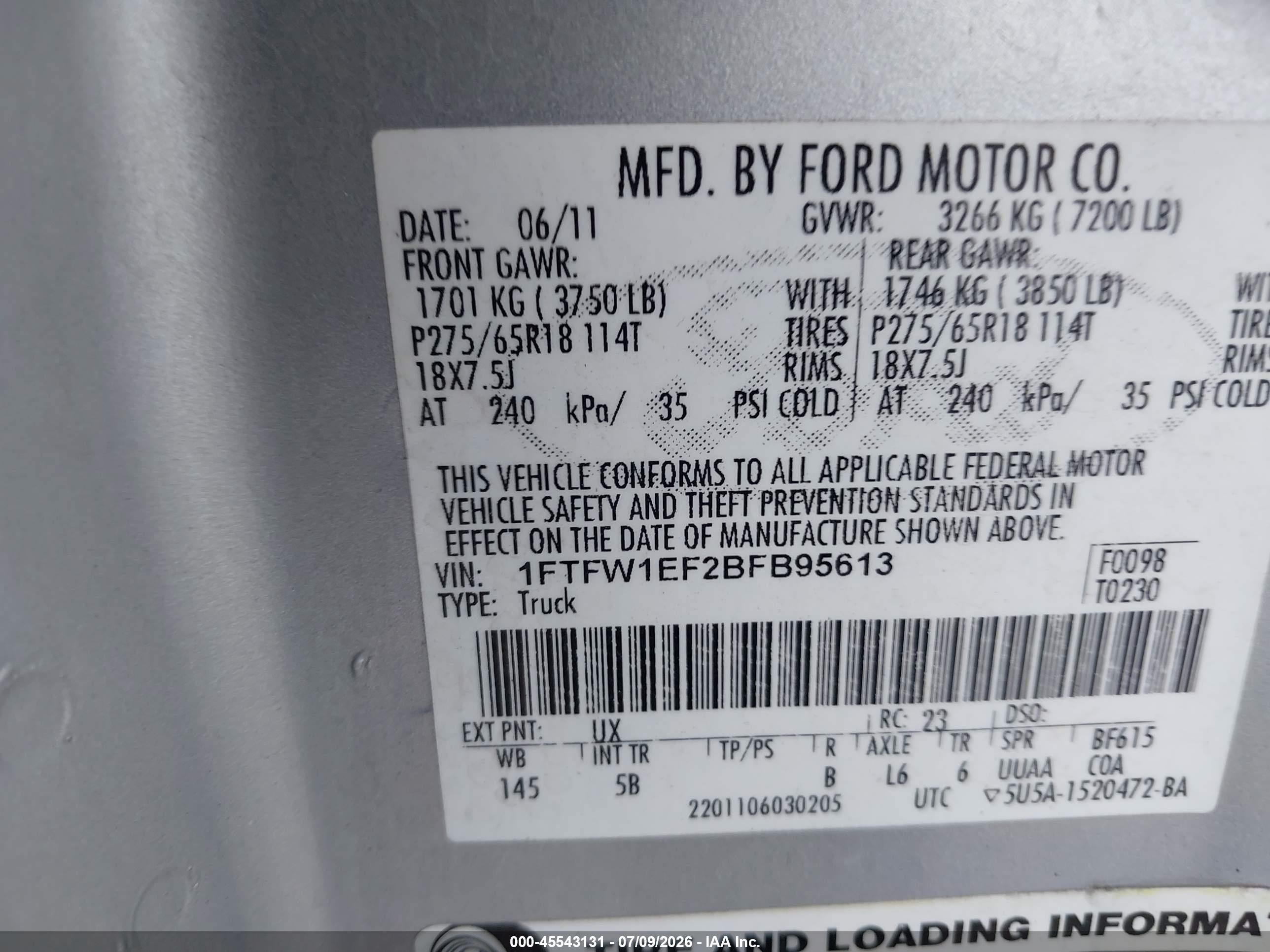 2011 Ford F-150 Fx4/king Ranch/lariat/platinum/xl/xlt Silver vin: 1FTFW1EF2BFB95613