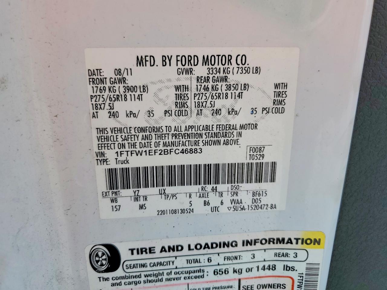 2011 Ford F150 Supercrew White vin: 1FTFW1EF2BFC46883