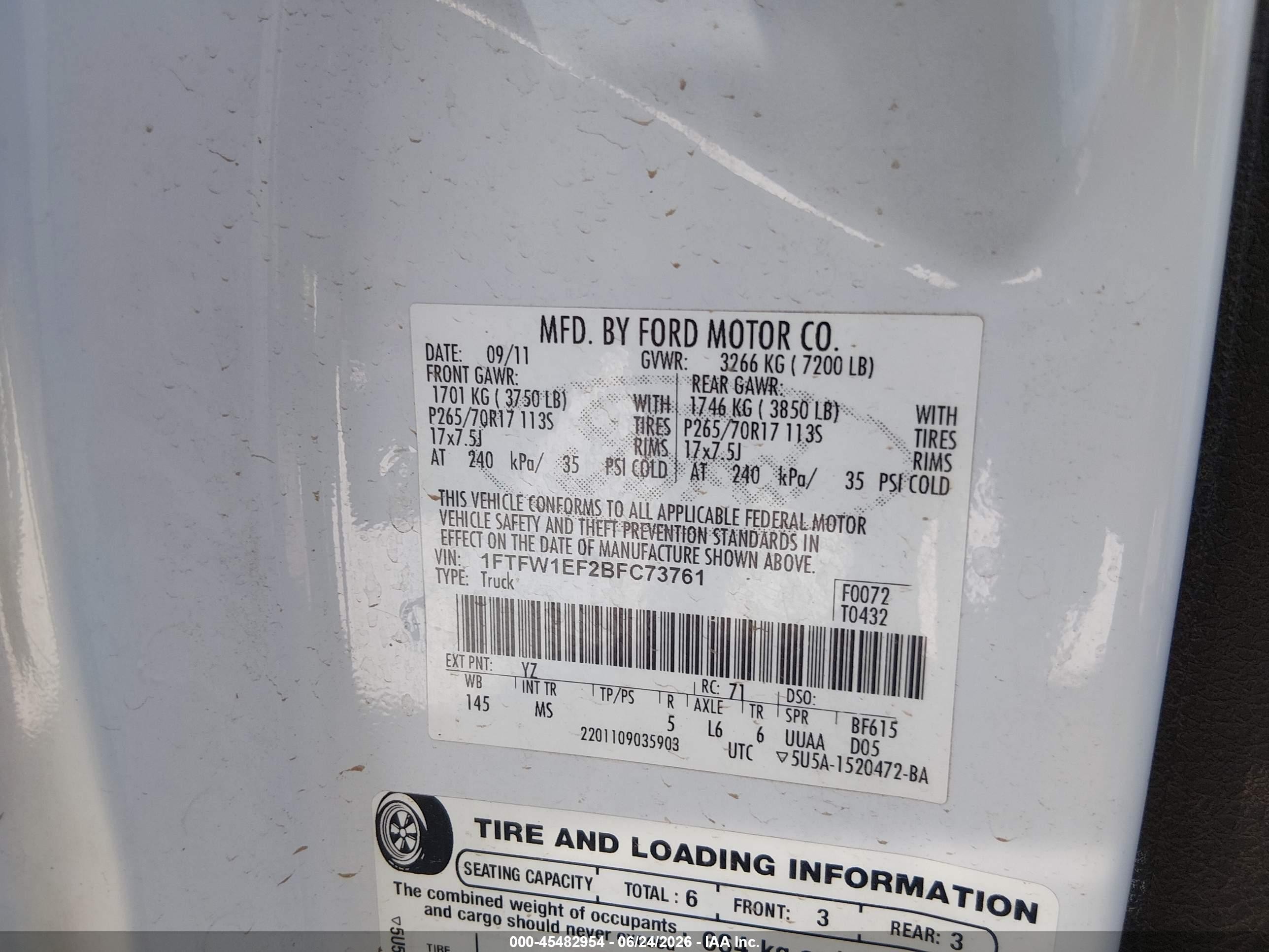 2011 Ford F-150 Fx4/king Ranch/lariat/platinum/xl/xlt White vin: 1FTFW1EF2BFC73761