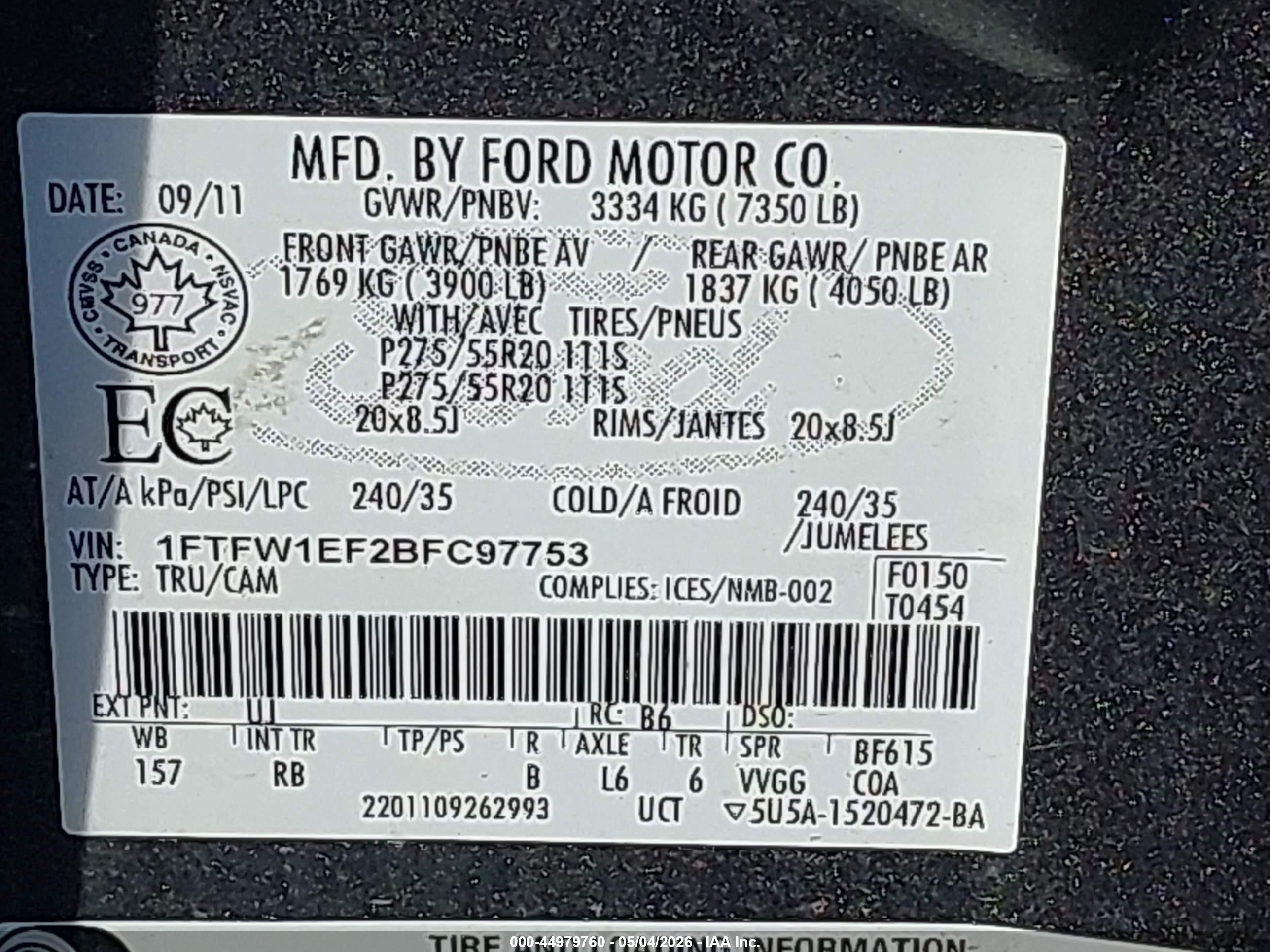 2011 Ford F-150 Fx4 Gray vin: 1FTFW1EF2BFC97753