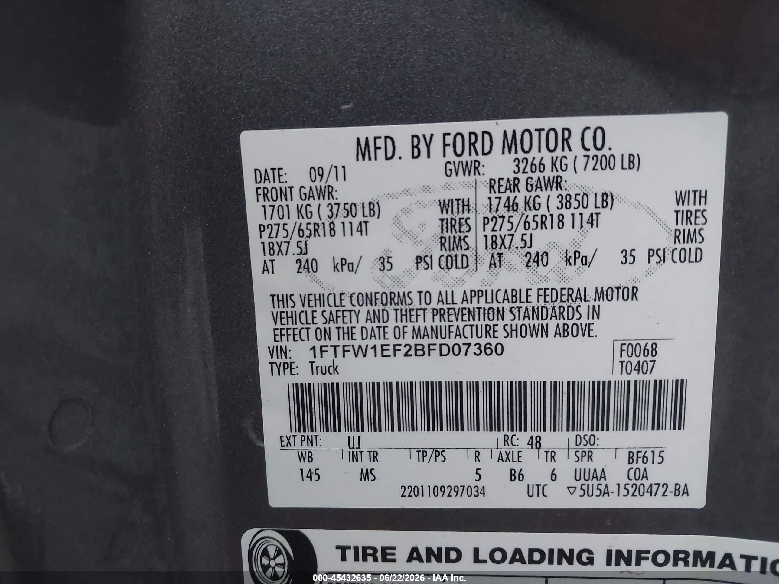 2011 Ford F-150 Fx4/king Ranch/lariat/platinum/xl/xlt Gray vin: 1FTFW1EF2BFD07360