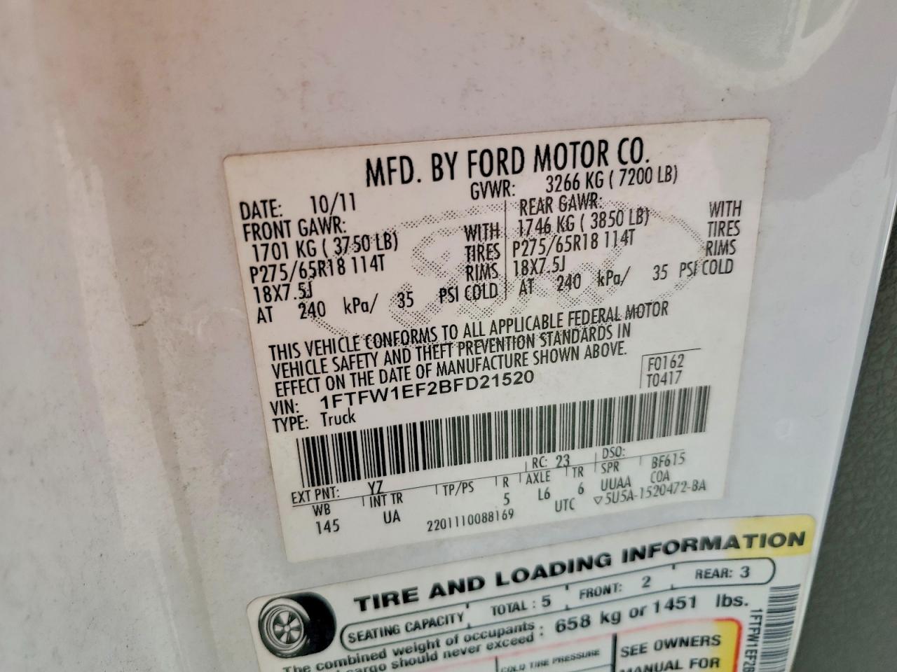 2011 Ford F150 Supercrew White vin: 1FTFW1EF2BFD21520
