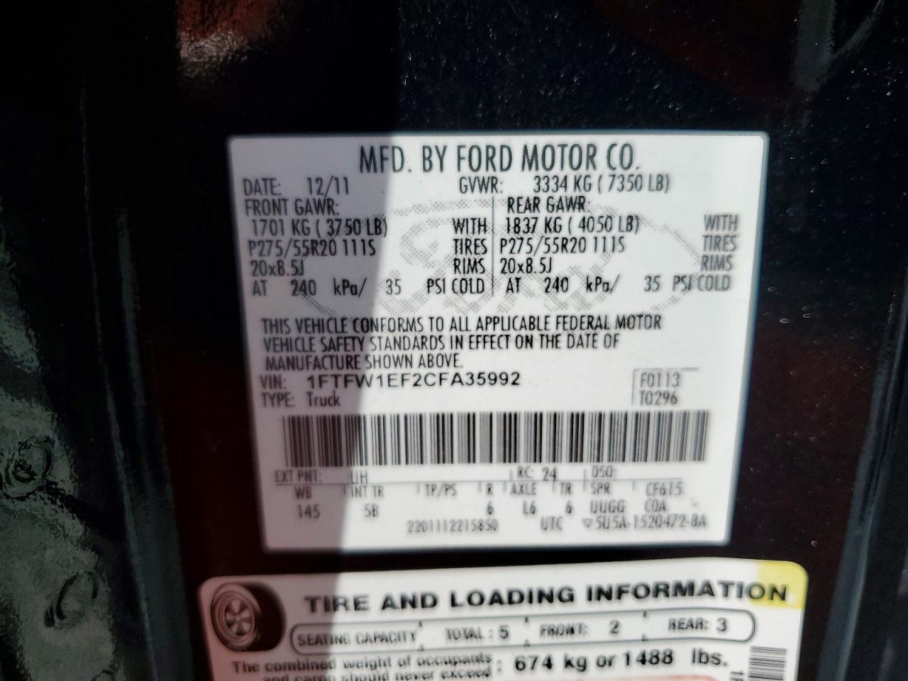 2012 Ford F150 Supercrew Black vin: 1FTFW1EF2CFA35992