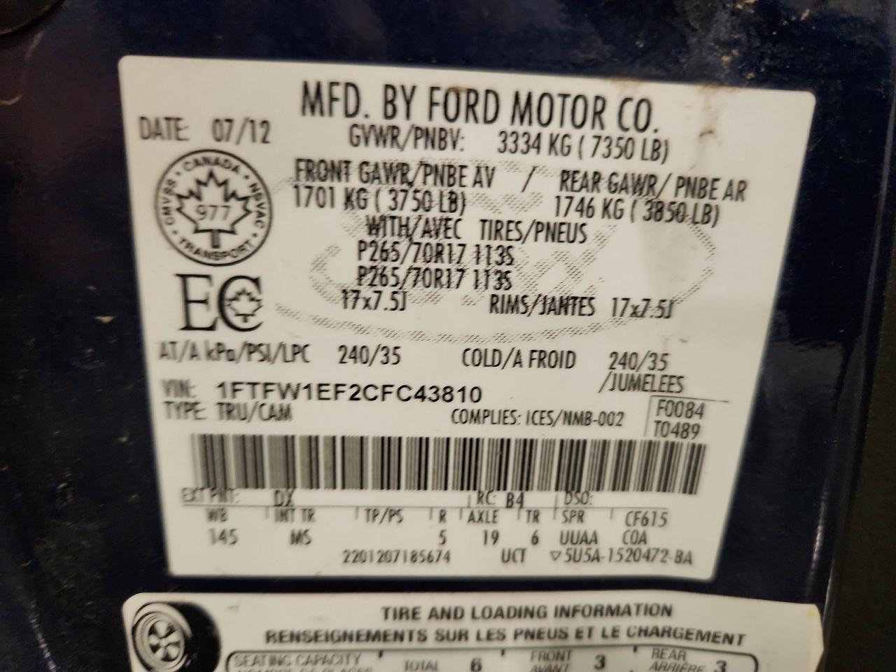 2012 Ford F150 Supercrew Blue vin: 1FTFW1EF2CFC43810