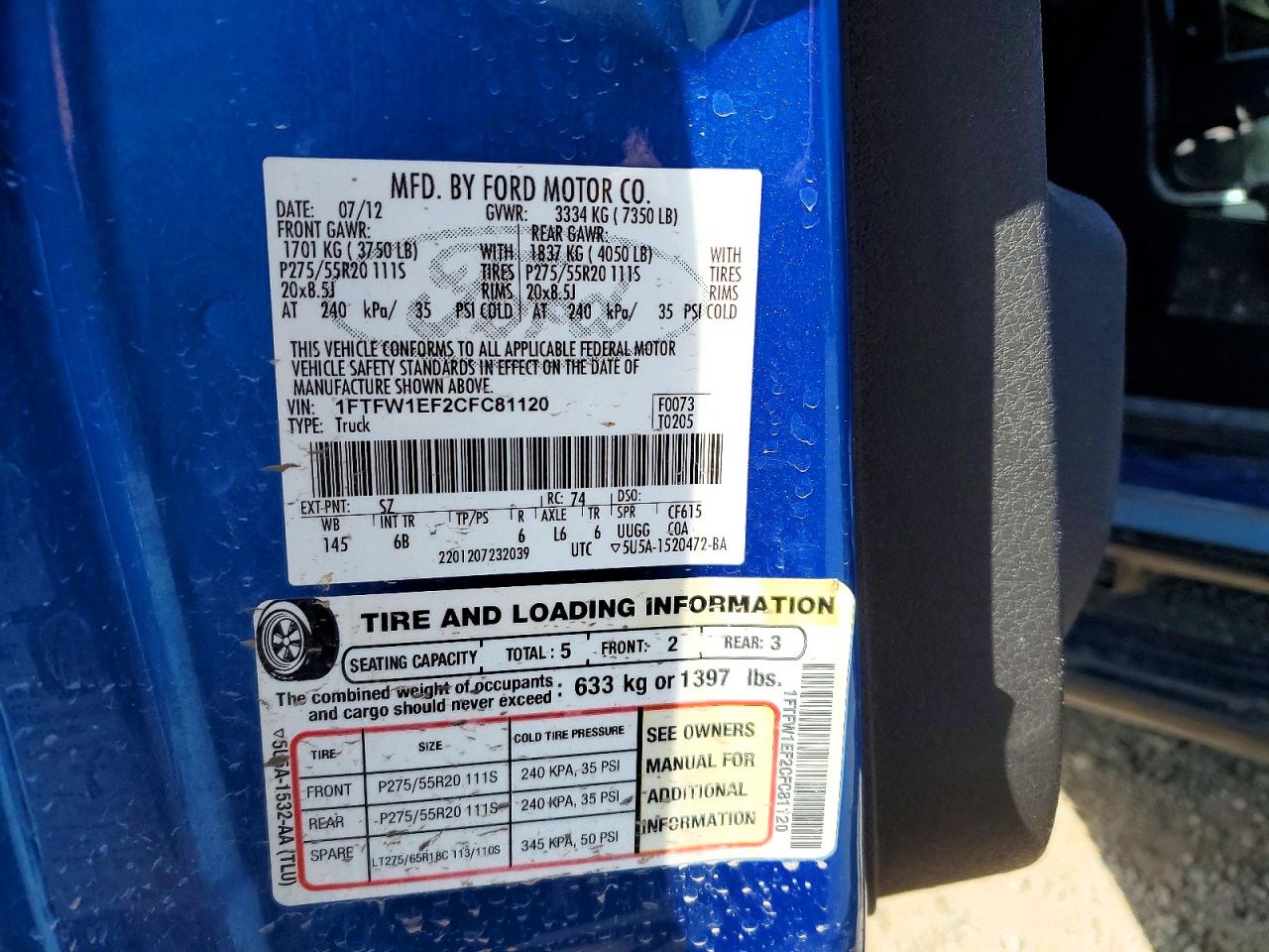 2012 Ford F150 Supercrew Blue vin: 1FTFW1EF2CFC81120